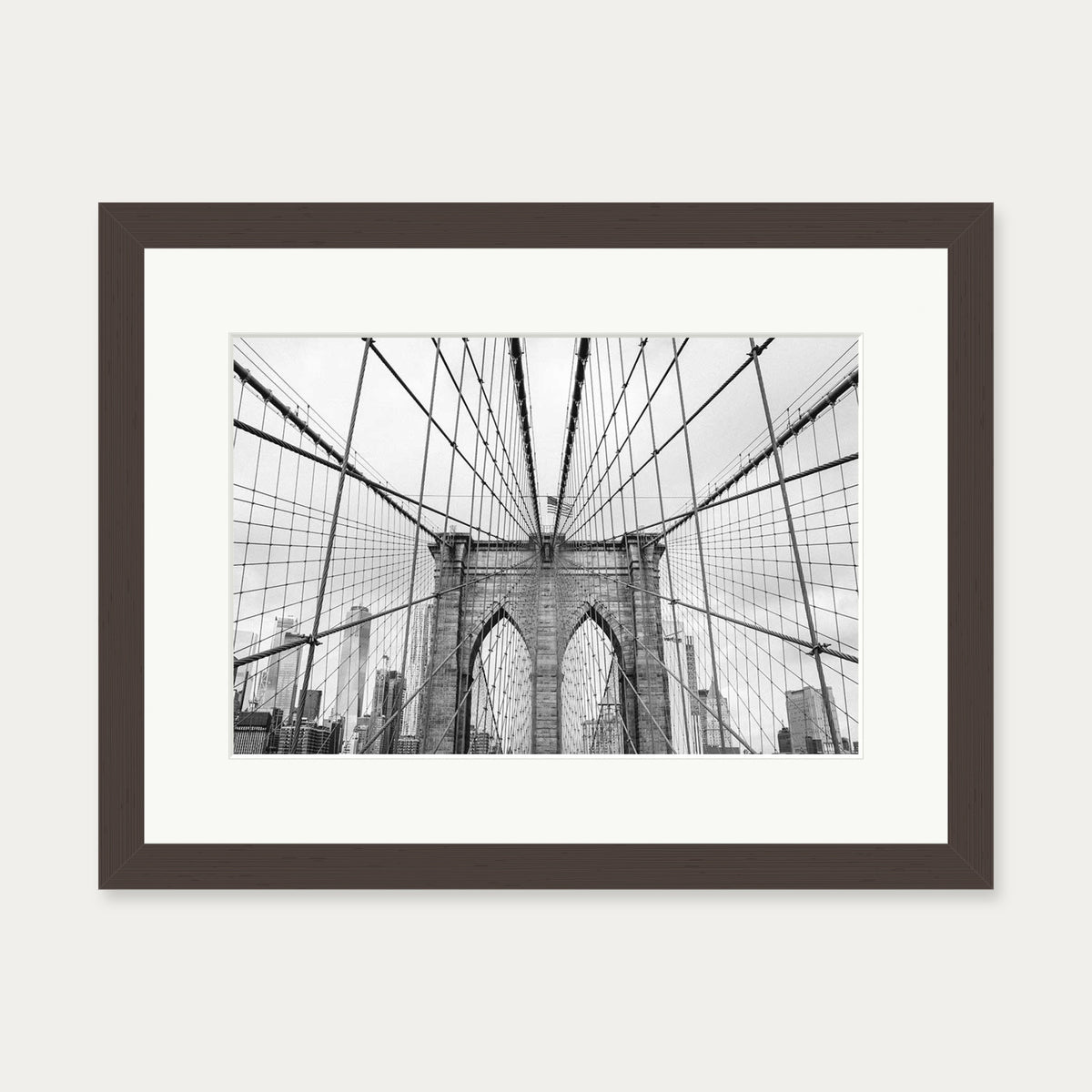Brooklyn Bridge black & White Wall Art Print — 30 x 40 cm — Brown Frame