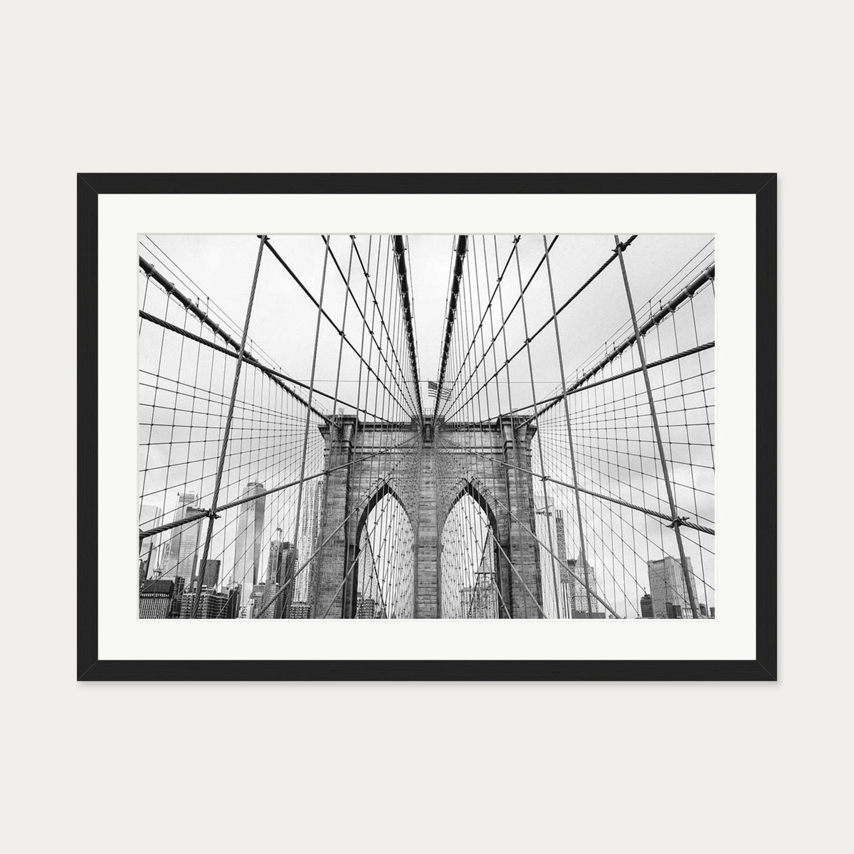 Brooklyn Bridge black & White Wall Art Print — 50 x 70 cm — Black Frame