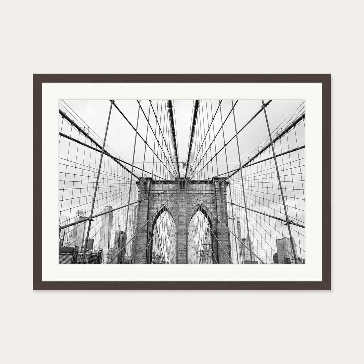 Brooklyn Bridge black & White Wall Art Print — 50 x 70 cm — Brown Frame