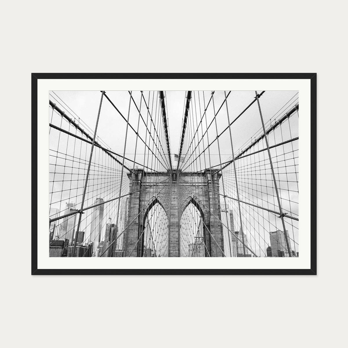 Brooklyn Bridge black & White Wall Art Print — 70 x 100 cm — Black Frame