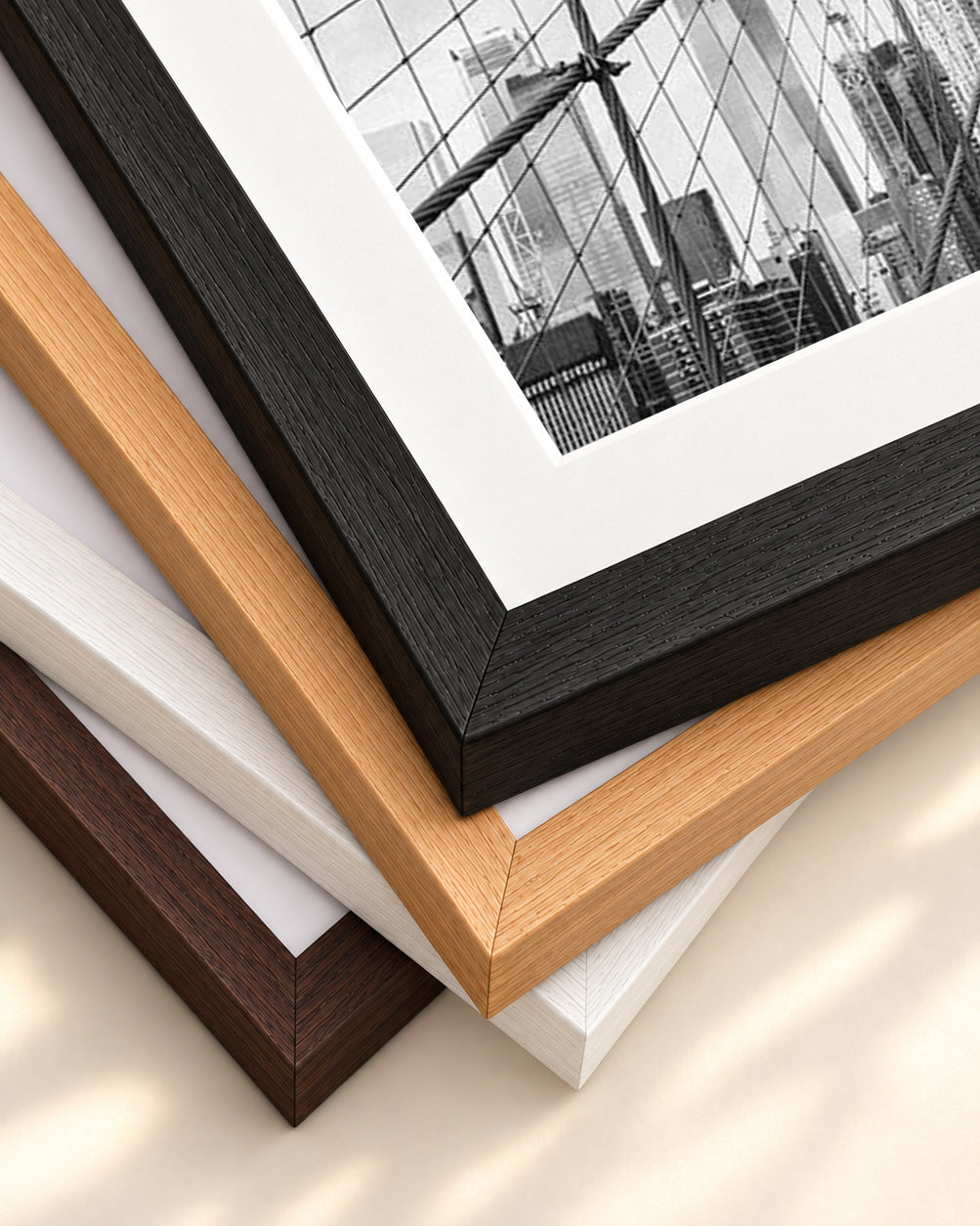 Brooklyn Bridge black & White Wall Art Print — framed print corner with 5 cm mount and bevel