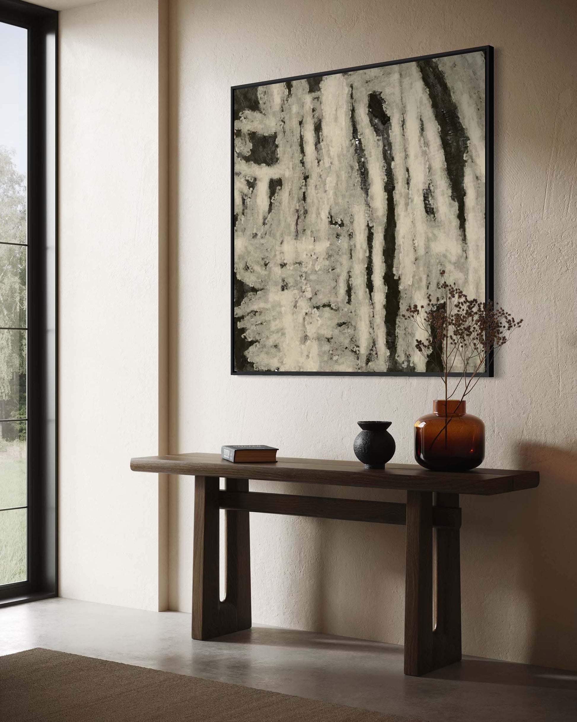 Modern interior with a console table, abstract painting, and decorative items.