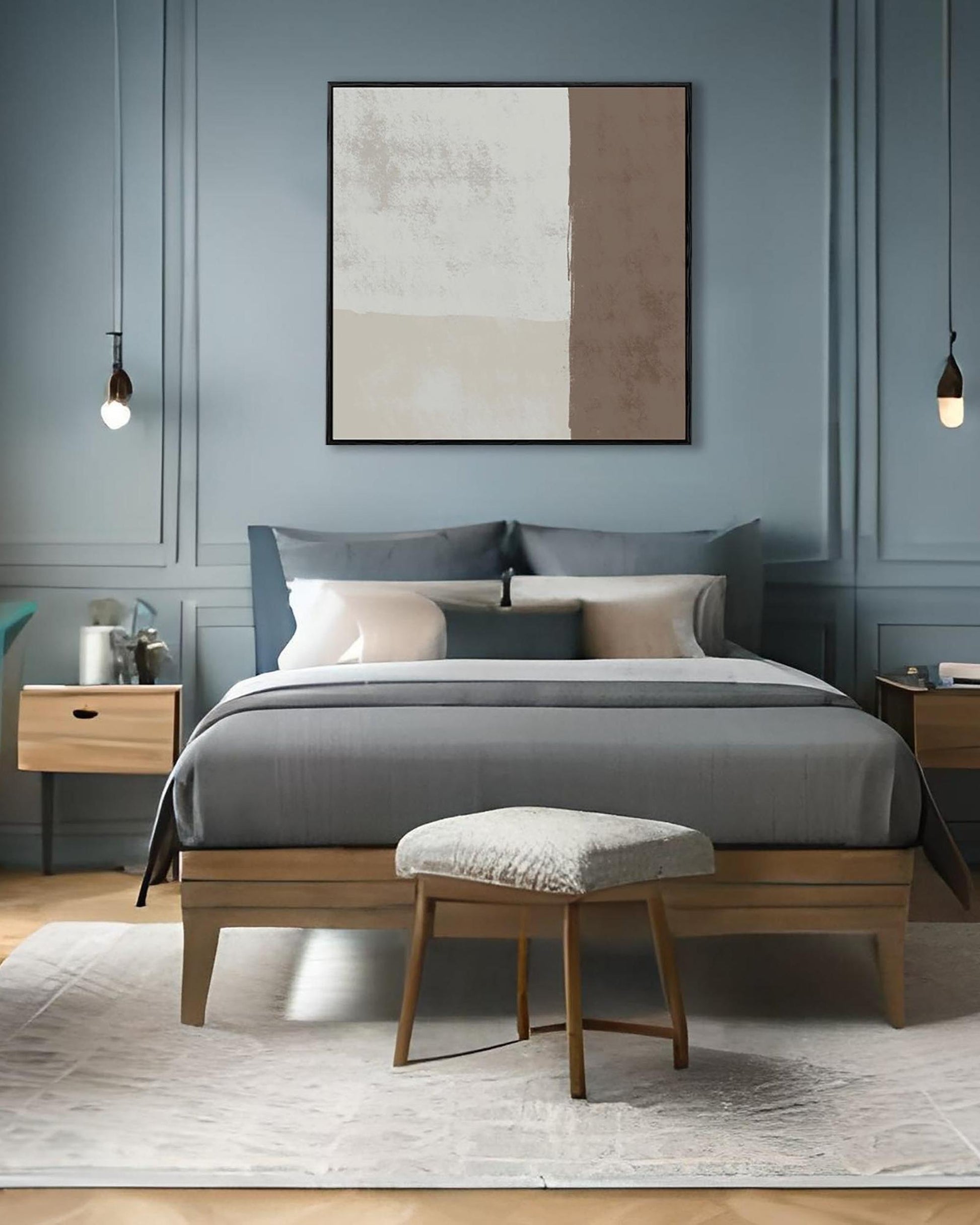 Modern bedroom with a bed, nightstands, and abstract art on the wall.