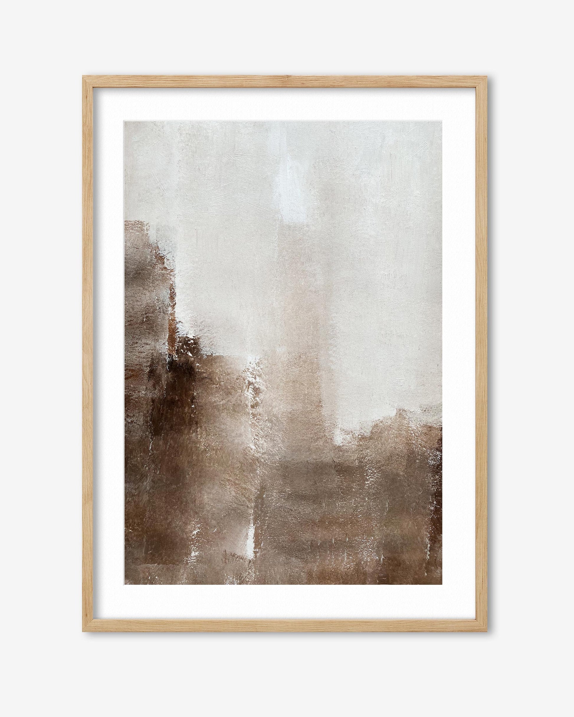 Framed abstract art print with brown and beige tones on a white background