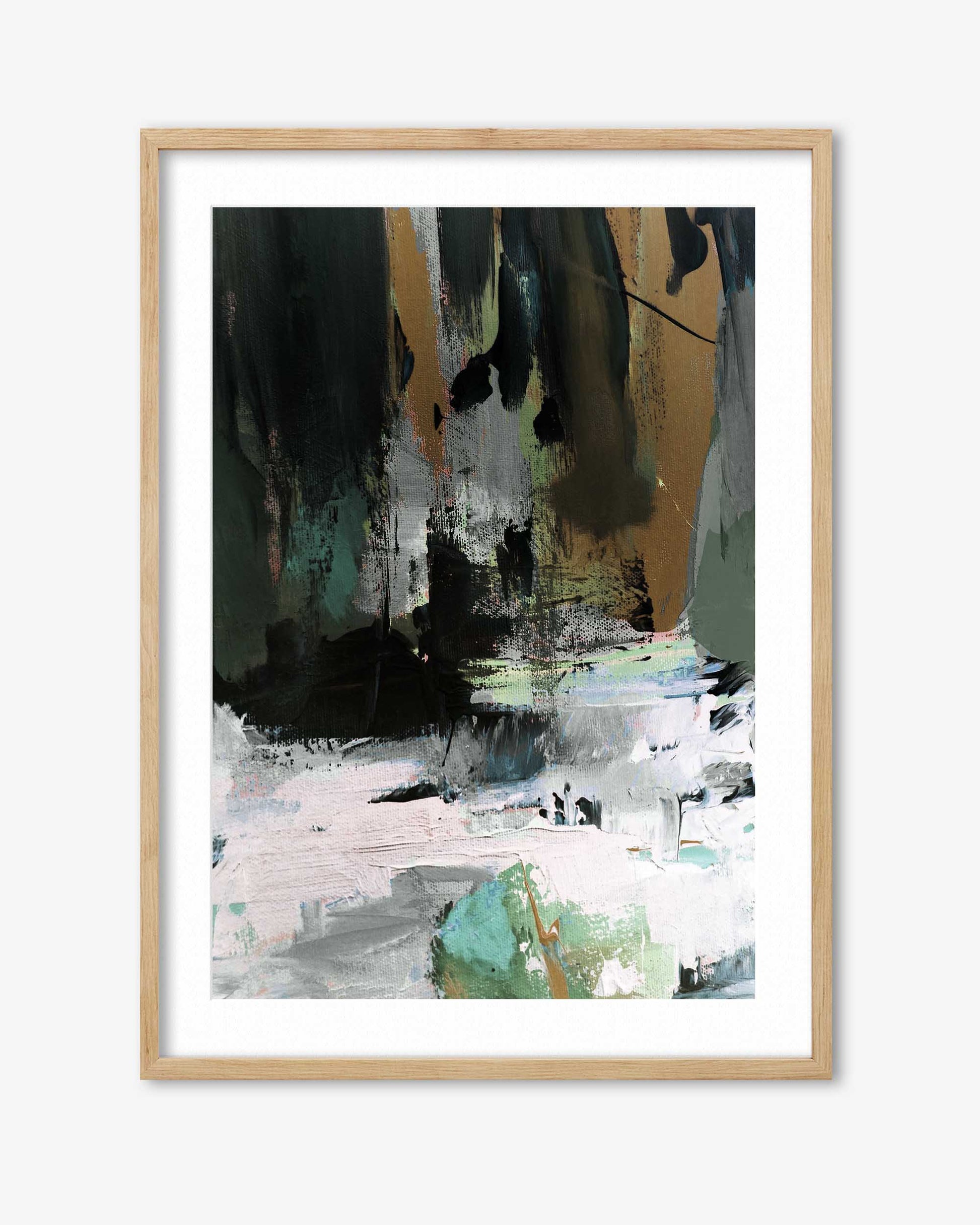 Abstract art print in a wooden frame on a white background