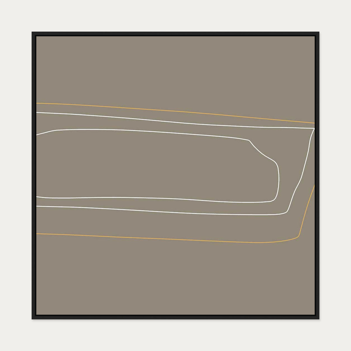 Brown On White Gold Lines Canvas Art — 100 x 100 cm — Black Frame