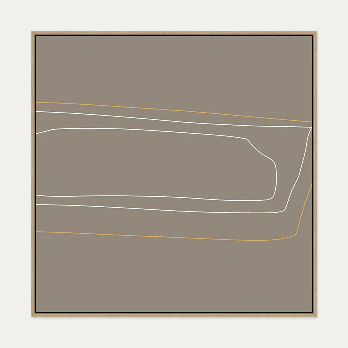 Brown On White Gold Lines Canvas Art — 100 x 100 cm — Oak Frame