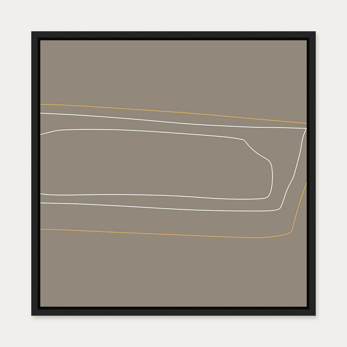 Brown On White Gold Lines Canvas Art — 50 x 50 cm — Black Frame