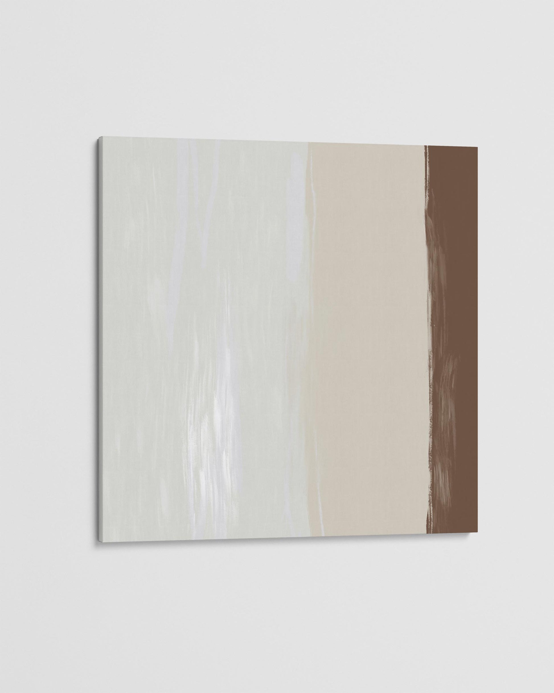 Abstract painting with horizontal stripes in beige, brown, and white on a light gray background