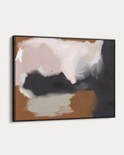 Abstract art piece with pink, white, and brown colors on a white background