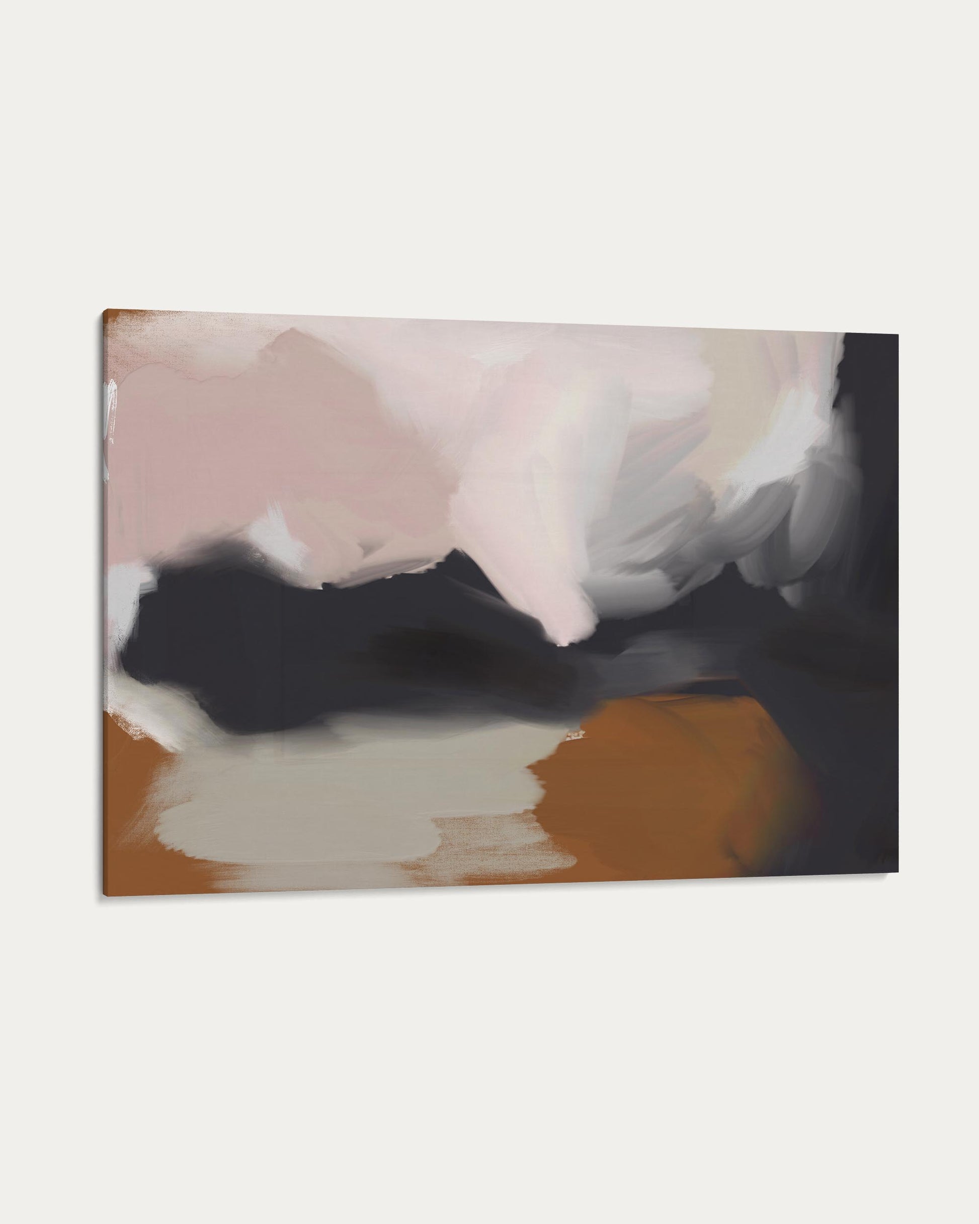 Abstract art piece with soft pink, black, and brown colors on a white background