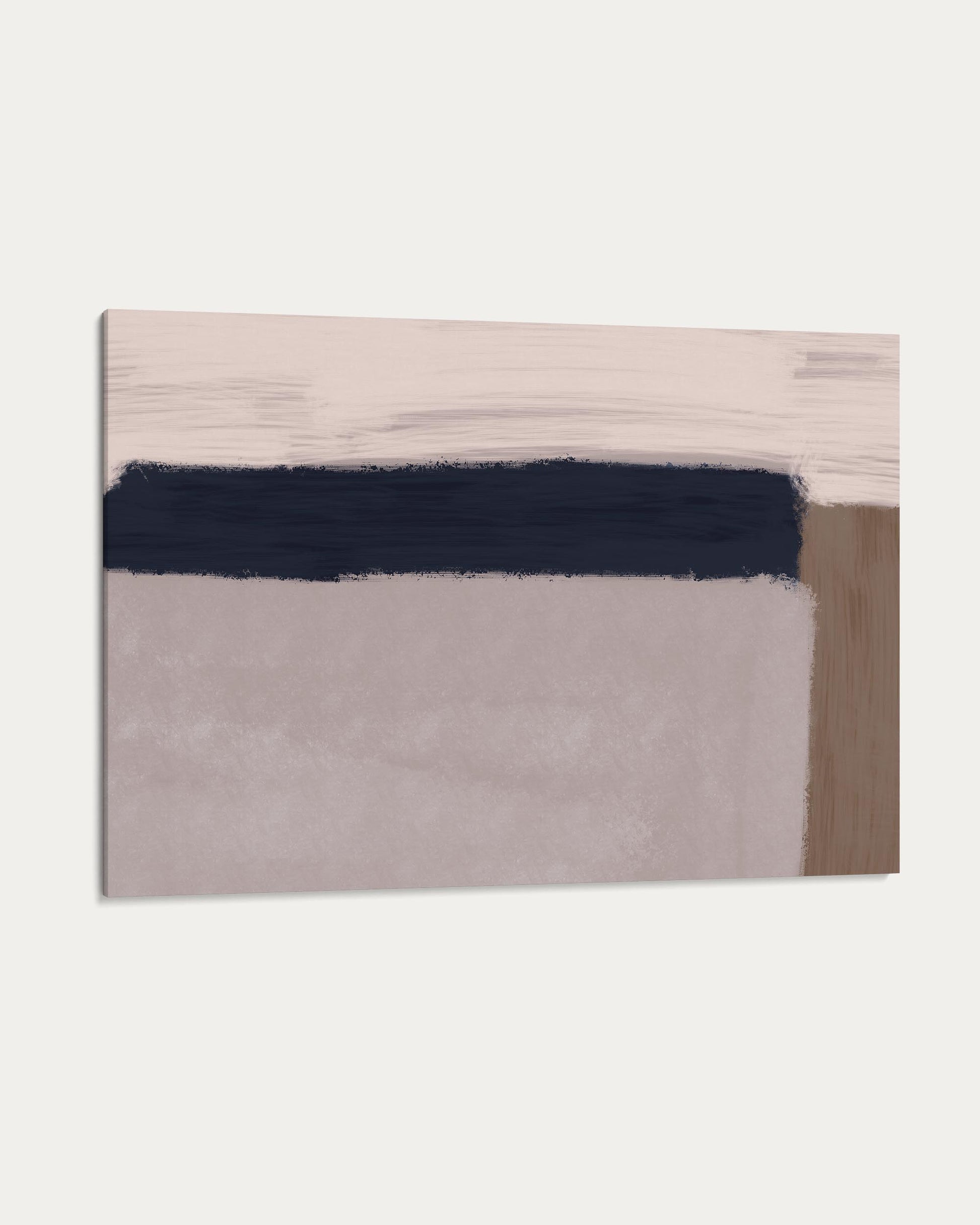 Abstract art piece with horizontal stripes of blue, gray, and brown on a white background