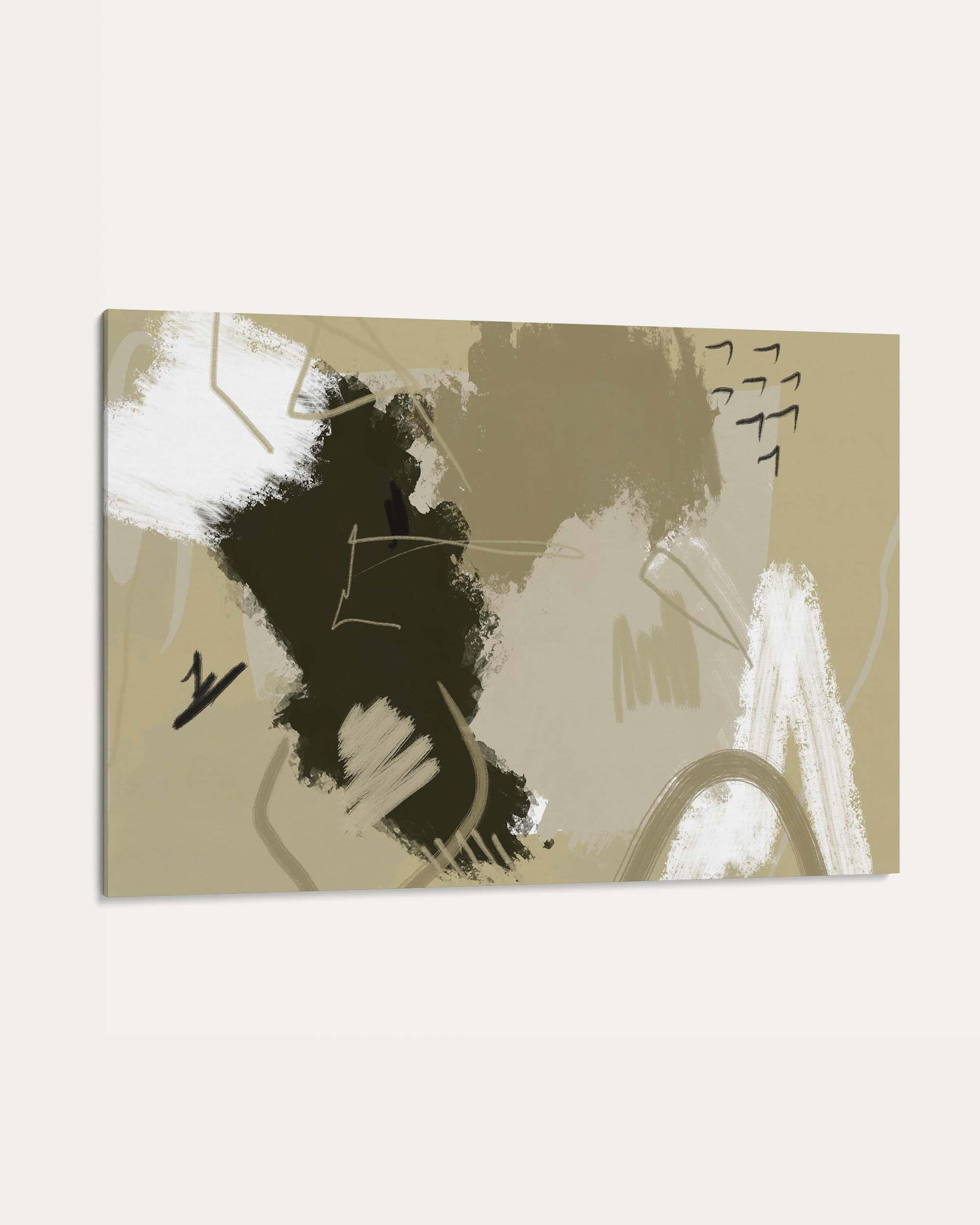 Abstract art piece with black, white, and beige colors on a beige background