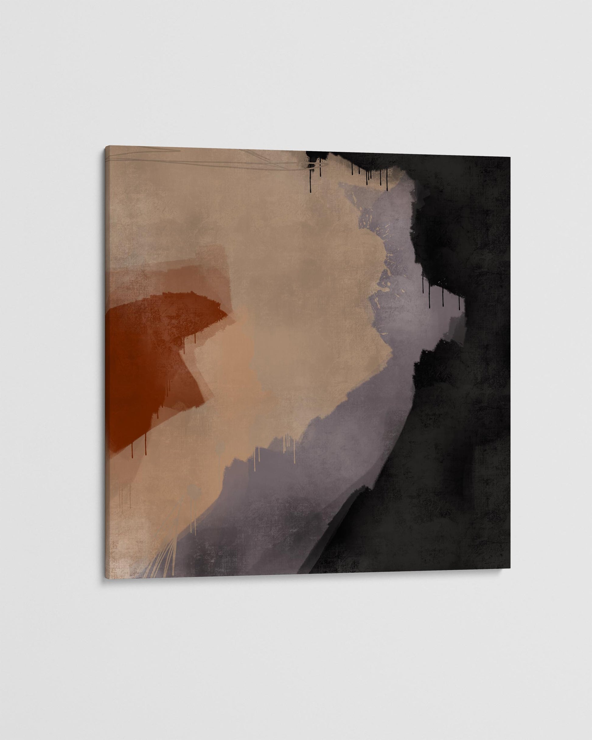 Abstract art piece with brown, beige, and black colors on a light gray background