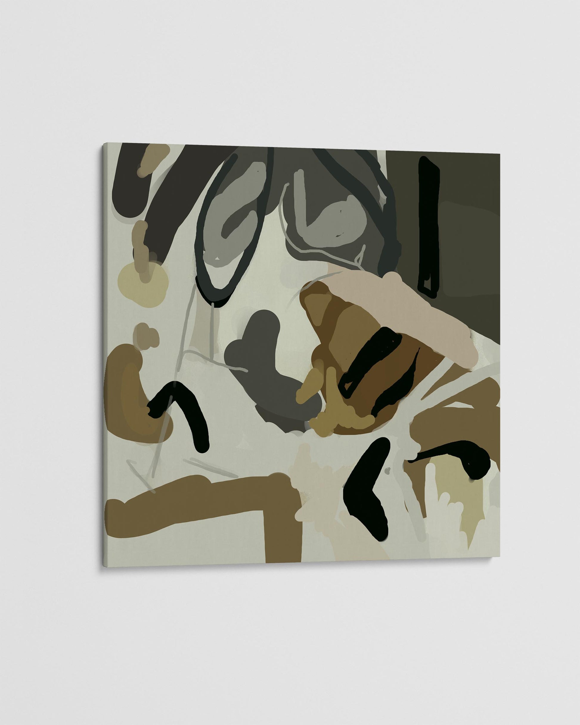 Abstract art piece with brown, black, and beige colors on a light gray background