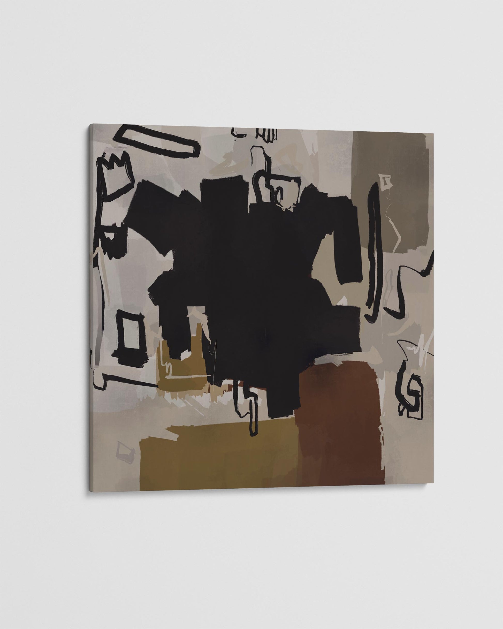 Abstract art piece with black and brown shapes on a beige background