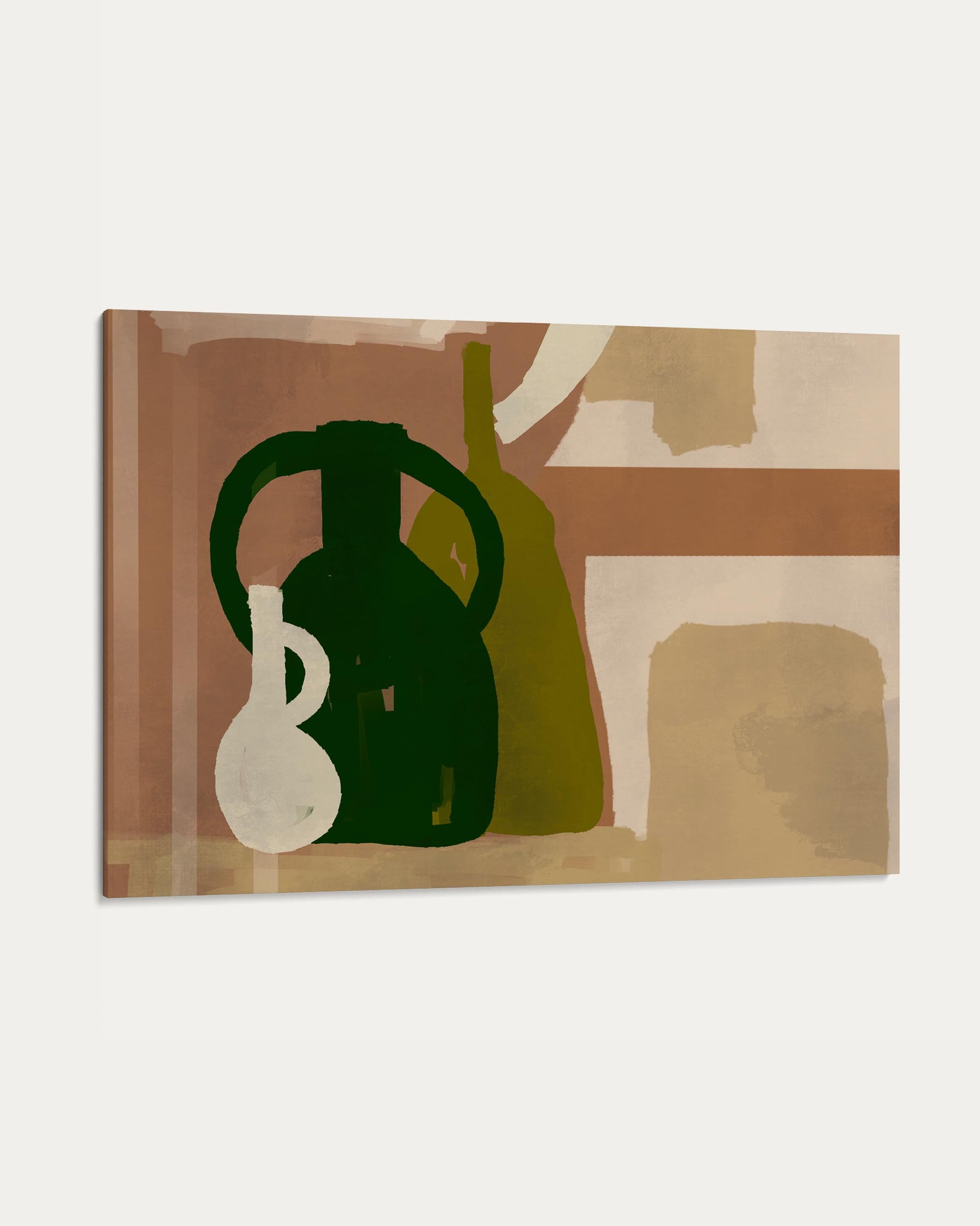 Abstract art print with green and white bottles on a brown background