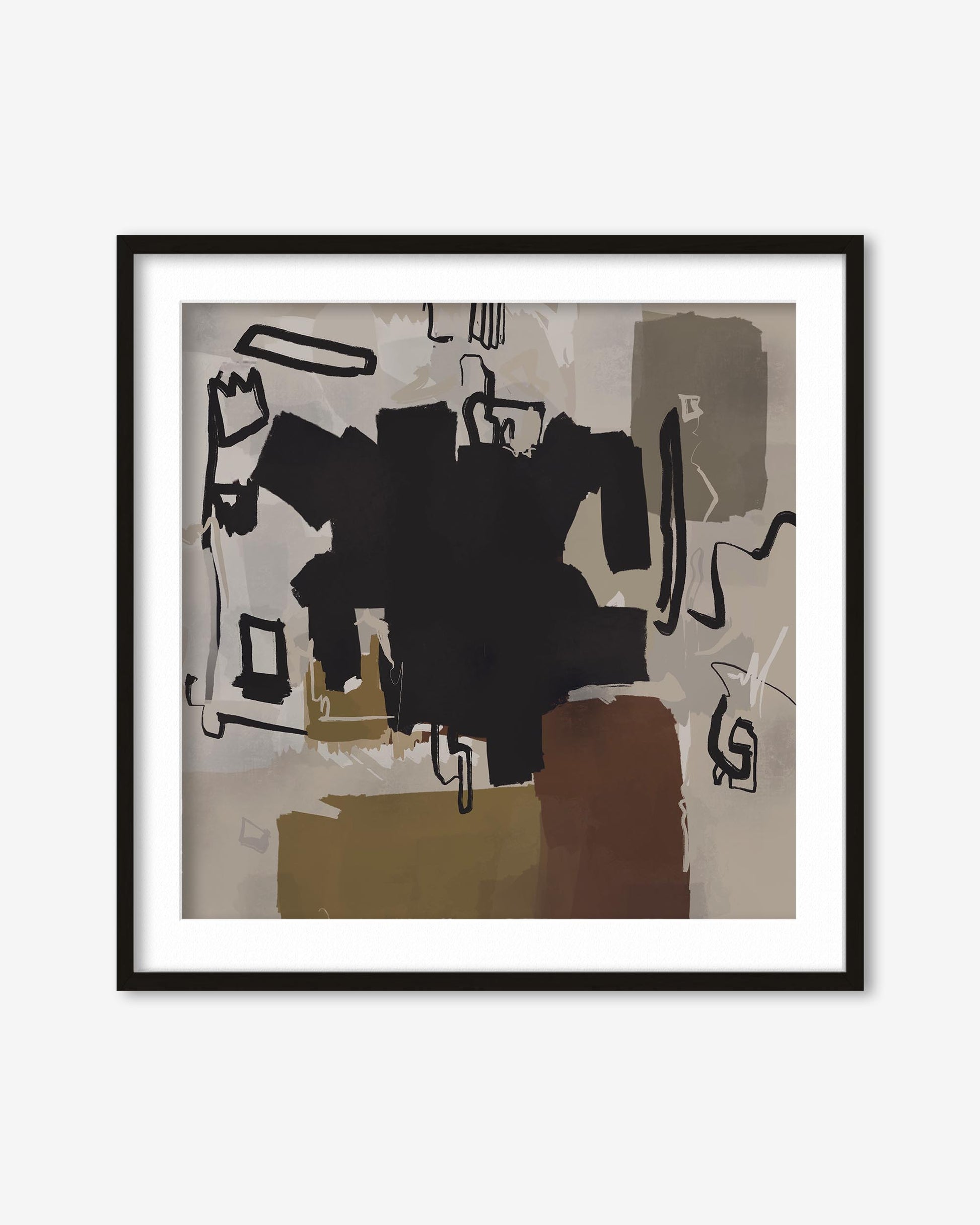 Framed abstract artwork with black, white, and brown colors on a light gray background