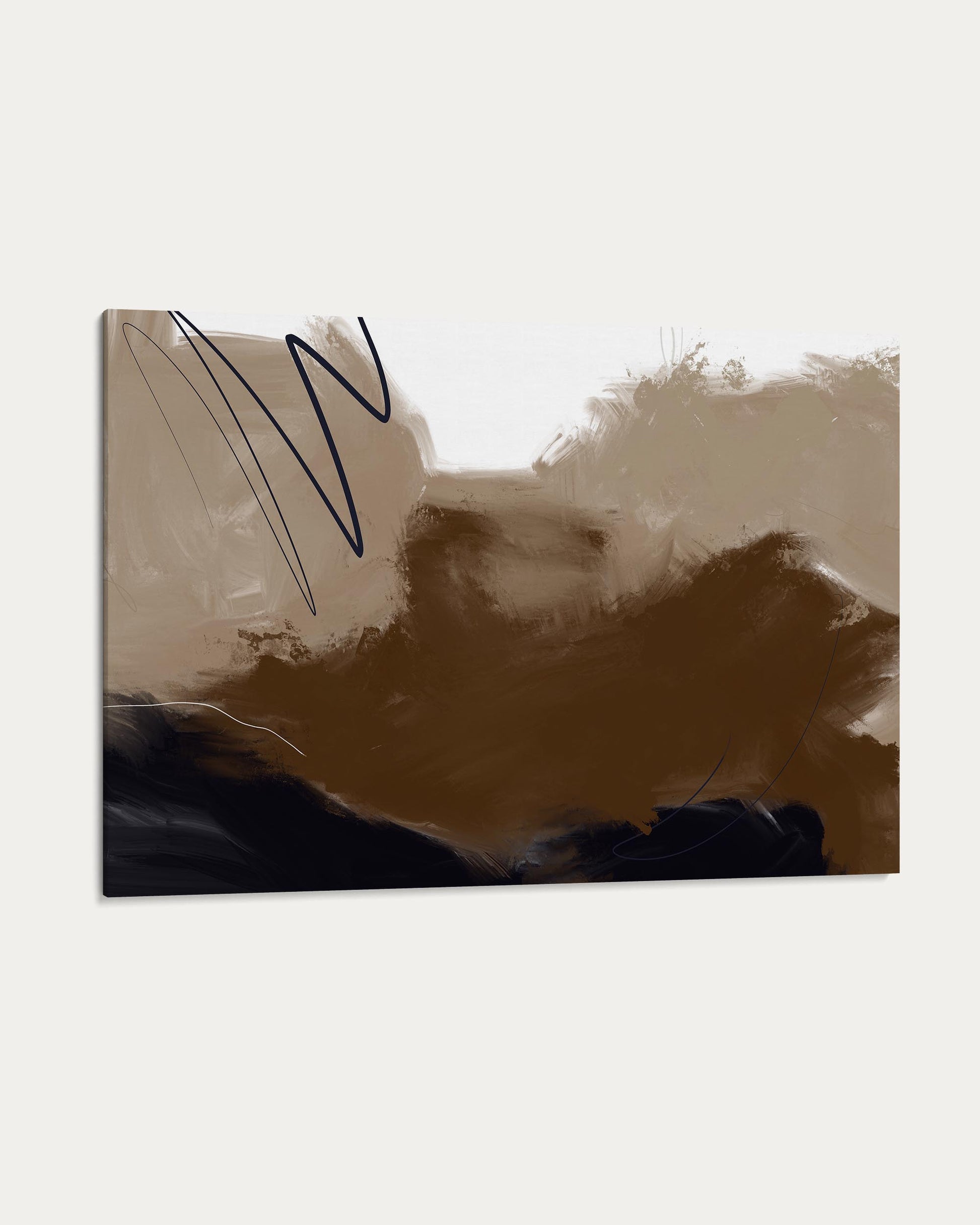 Abstract art piece with brown and black brush strokes on a light gray background