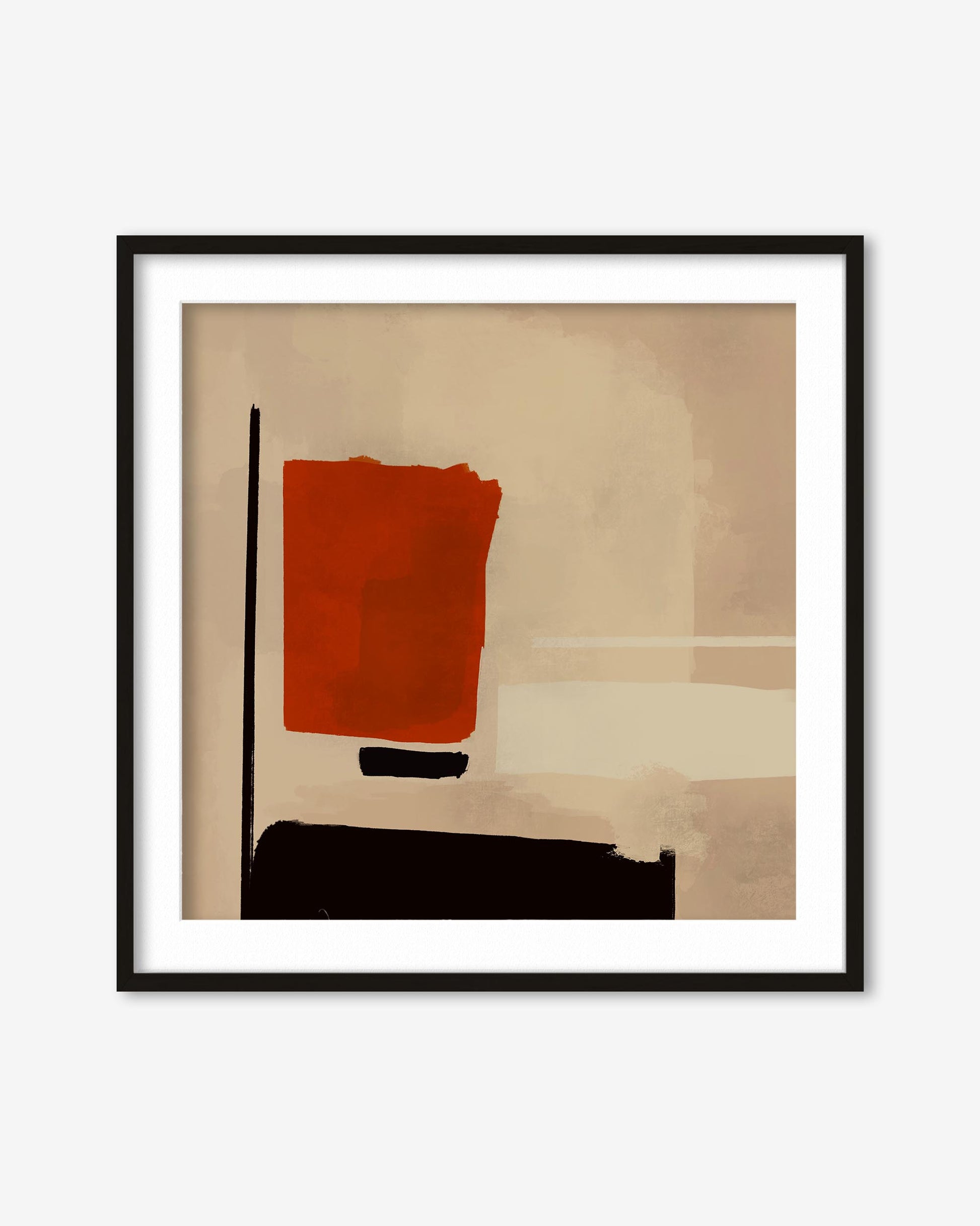 Abstract art print with a red square and black shapes on a beige background, framed in black.