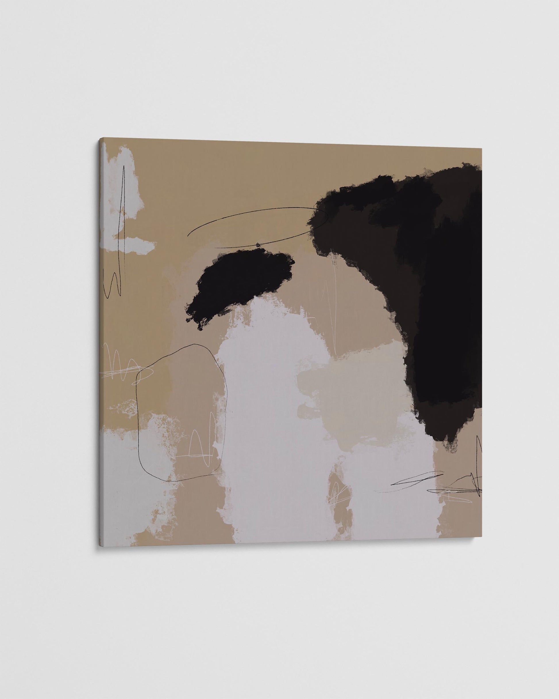 Abstract art piece with brown, black, and white colors on a beige background