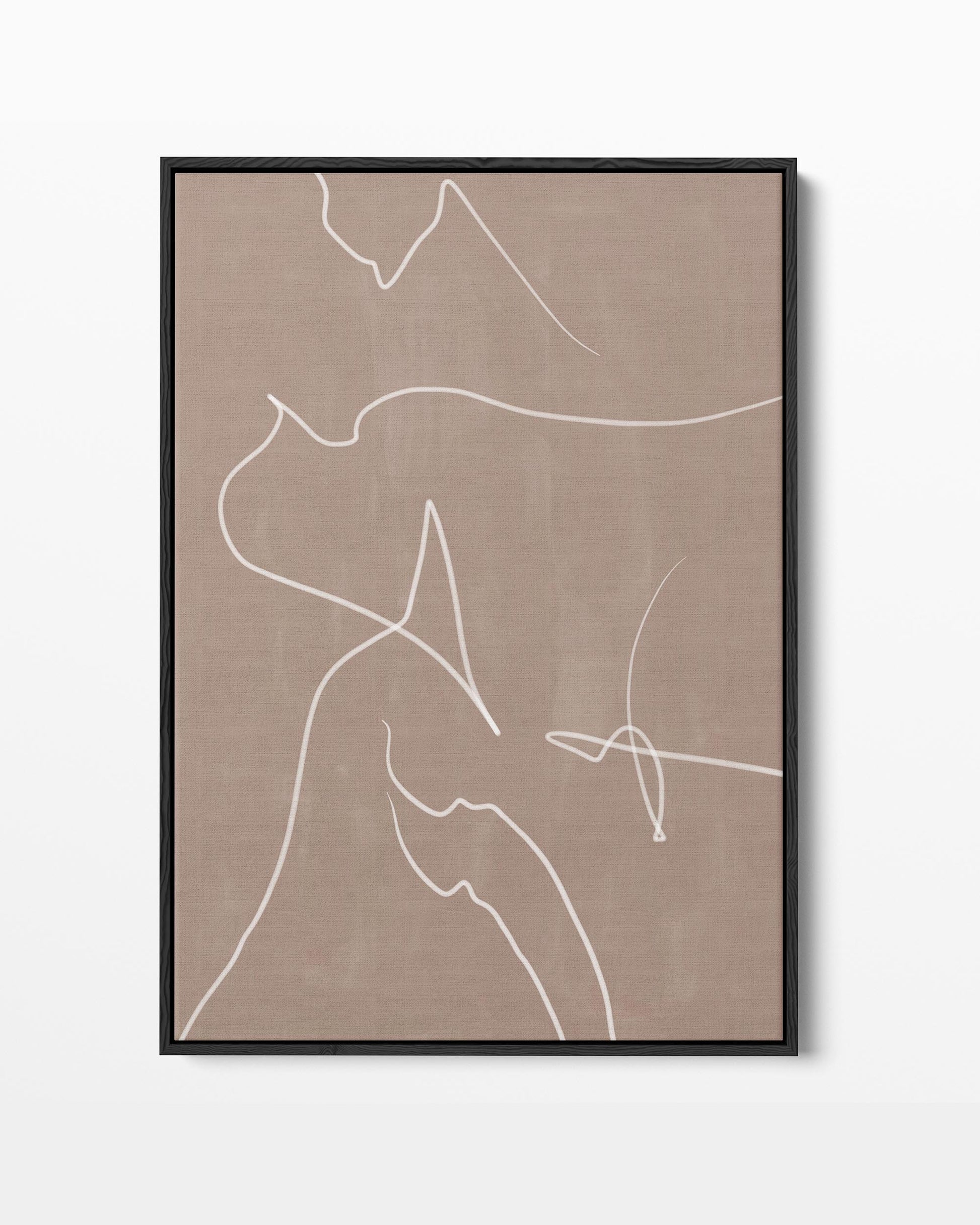 A framed canvas with modern abstract white lines on a beige background, presented in a black frame.