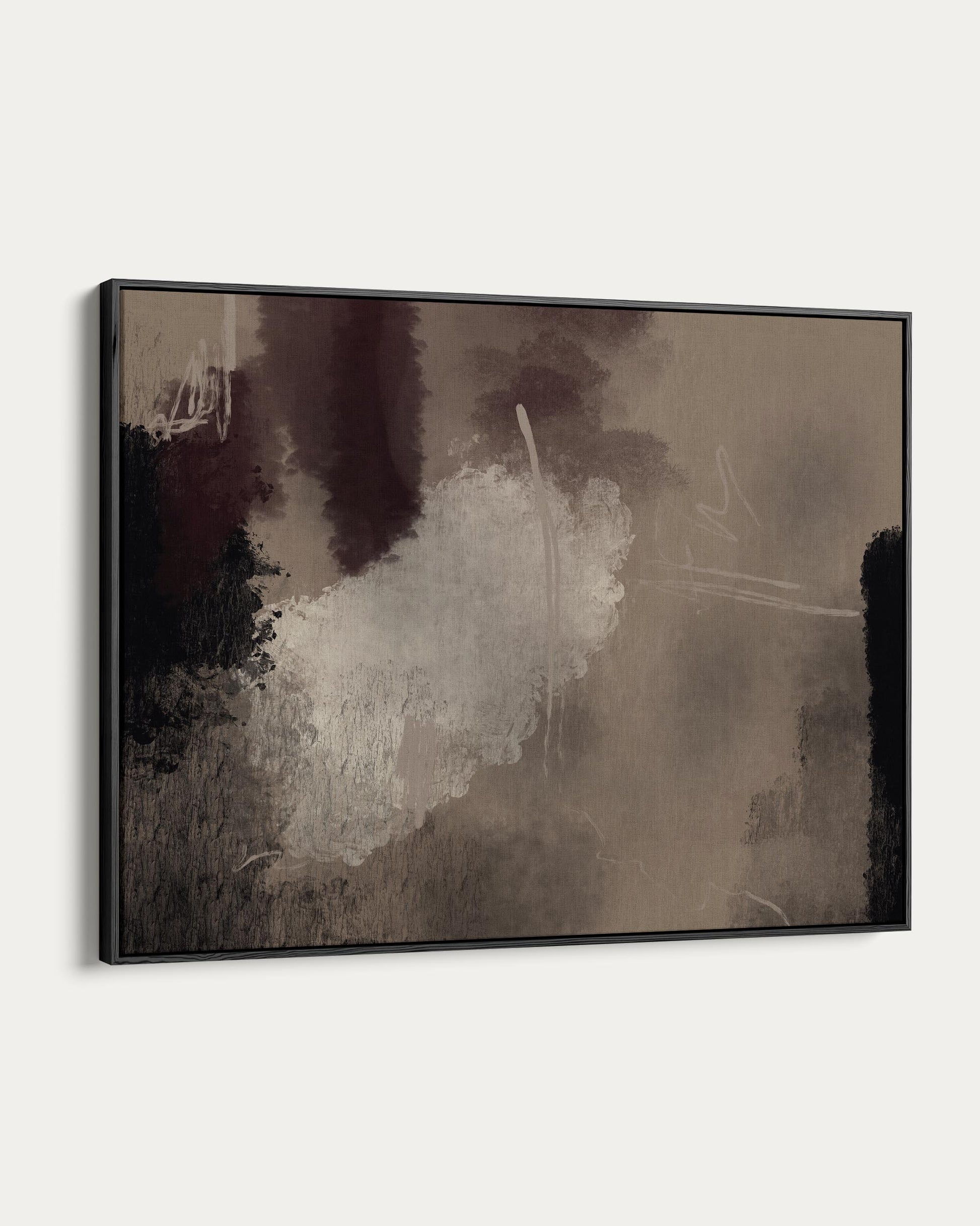 Framed abstract art piece with a black frame on a white background
