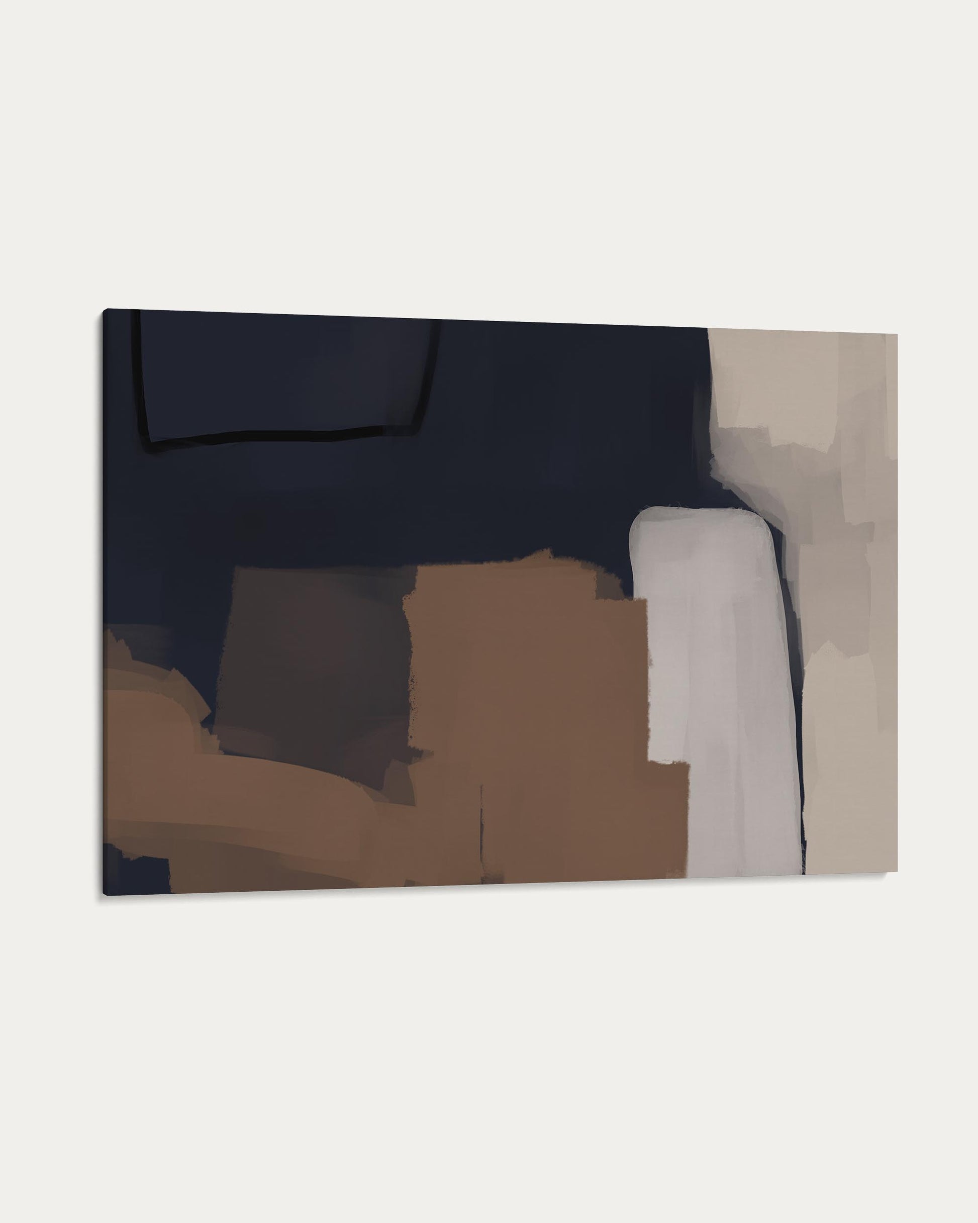 Abstract art piece with a gradient of dark blue, brown, and beige on a white background