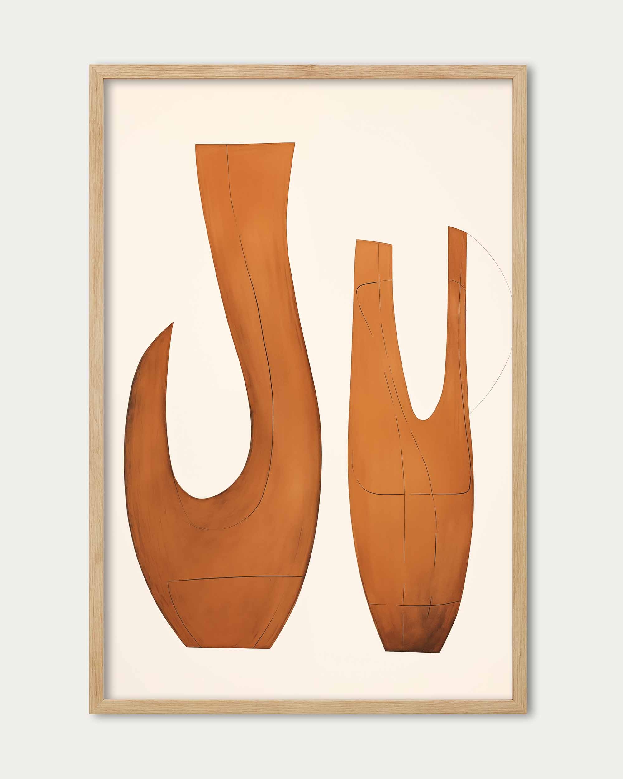 Framed artwork of abstract brown shapes on a beige background