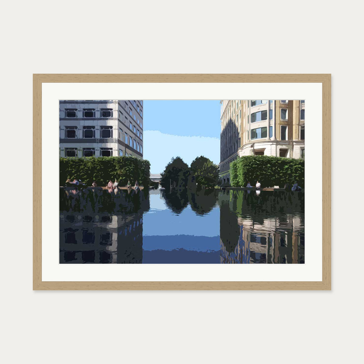 Brushed Canary Wharf, London Art Print — 50 x 70 cm — Oak Frame