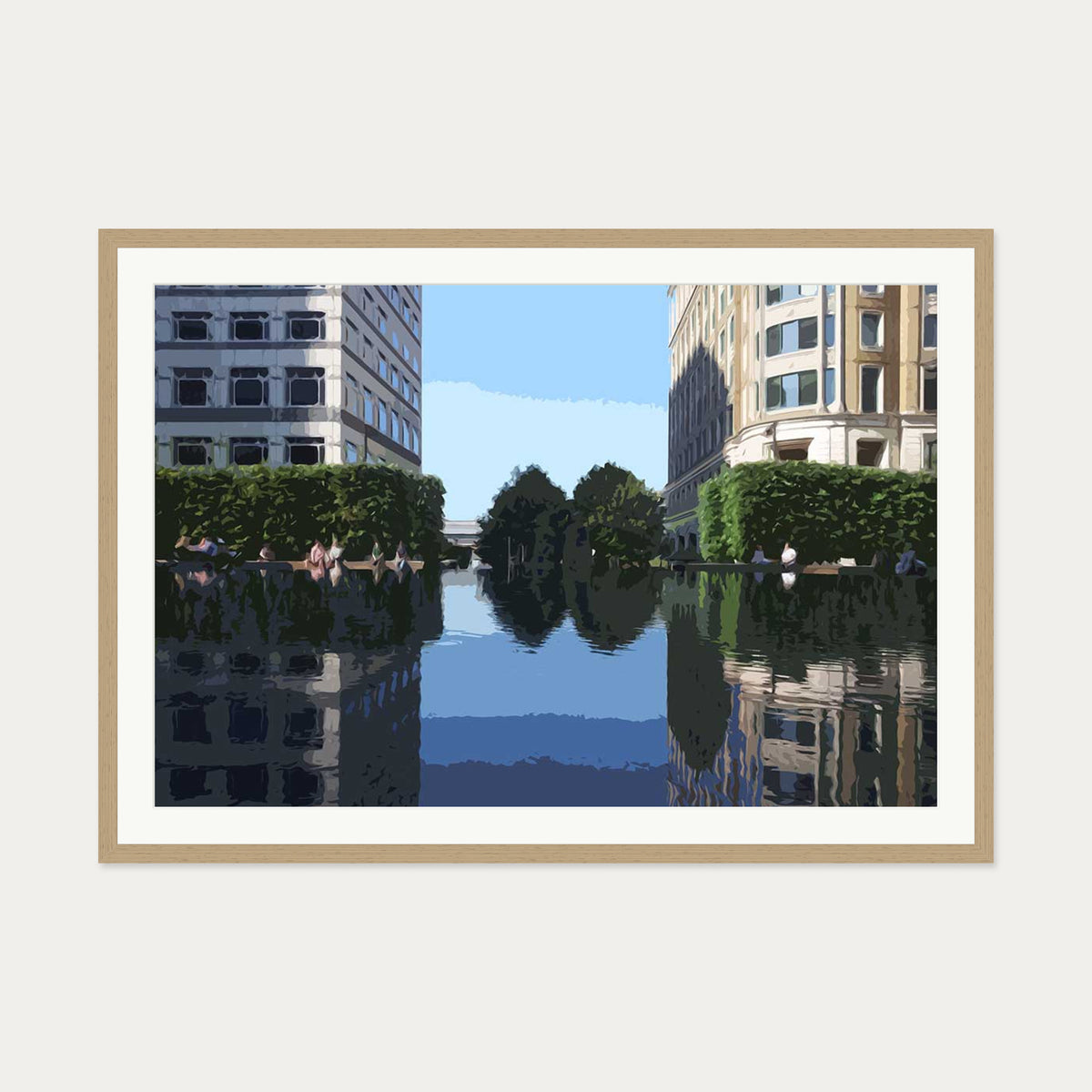 Brushed Canary Wharf, London Art Print — 70 x 100 cm — Oak Frame