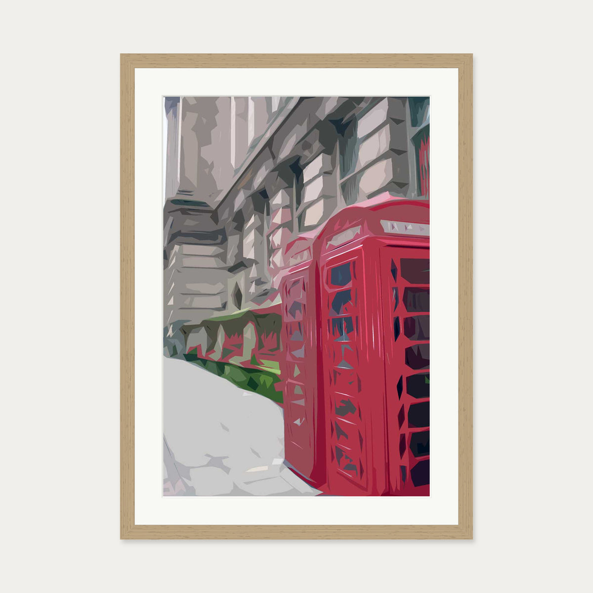 Brushed London Phone Booth Art Print — 50 x 70 cm — Oak Frame