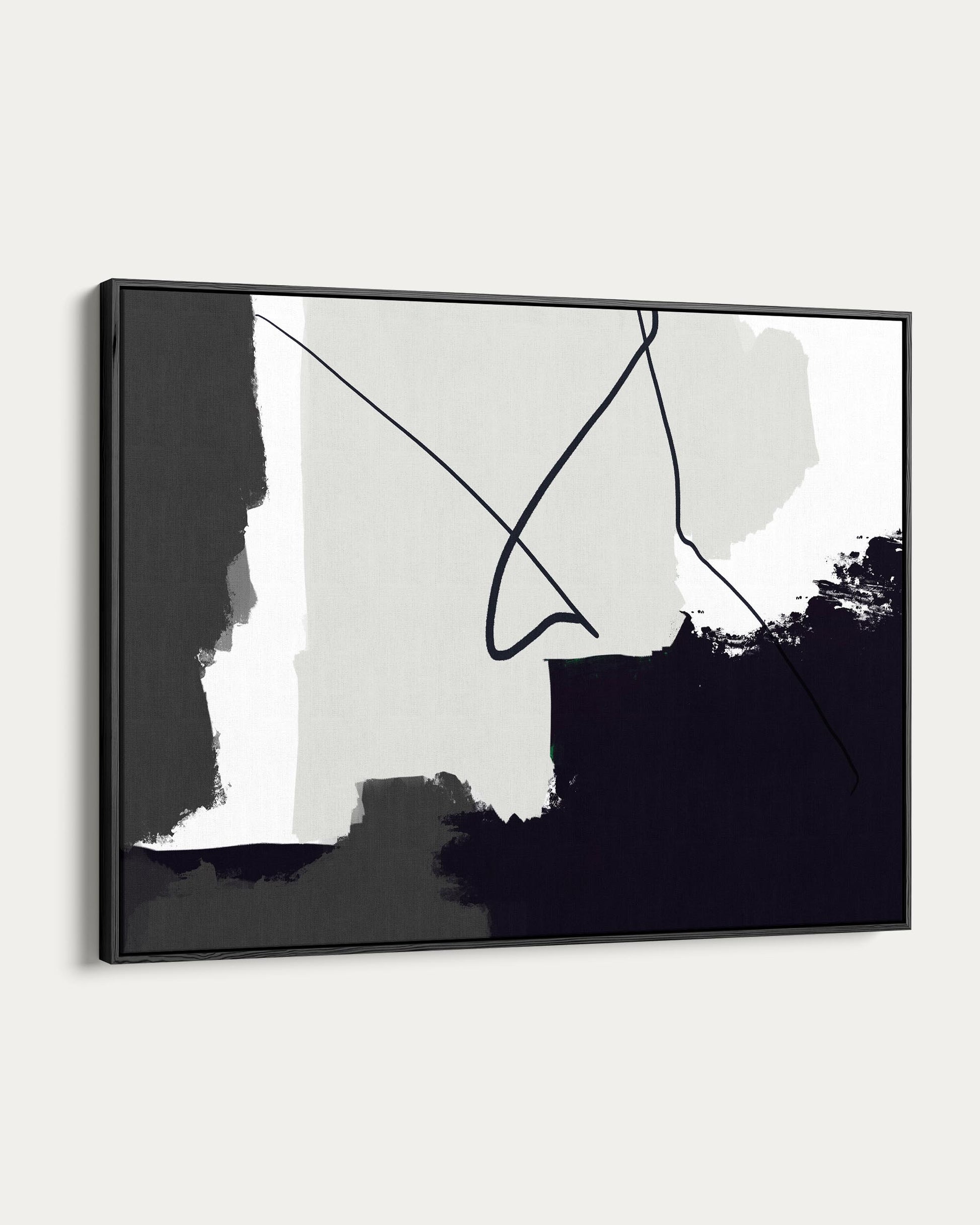 Framed abstract art with black and white lines on a white background