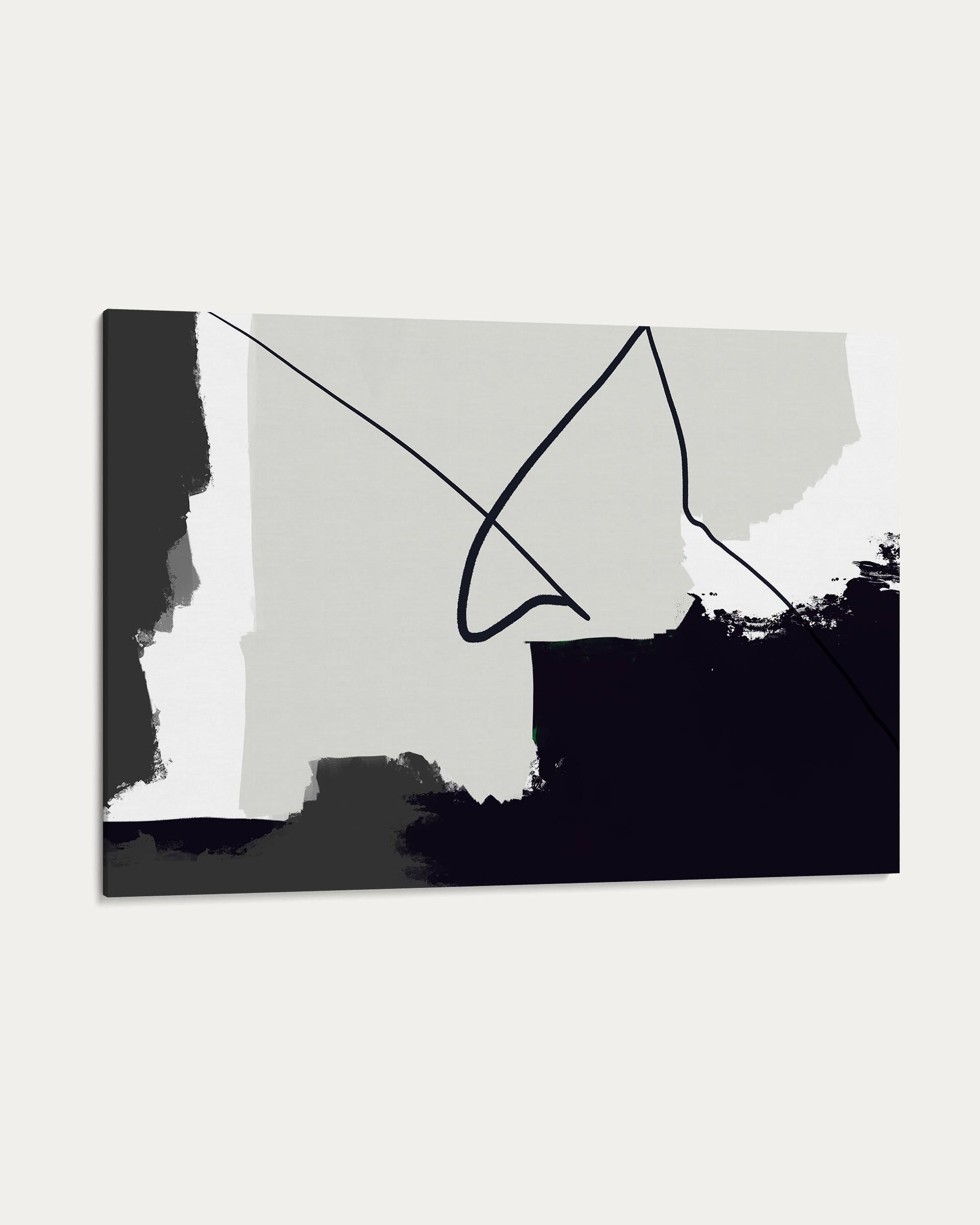 Abstract art piece with black and white shapes on a white background