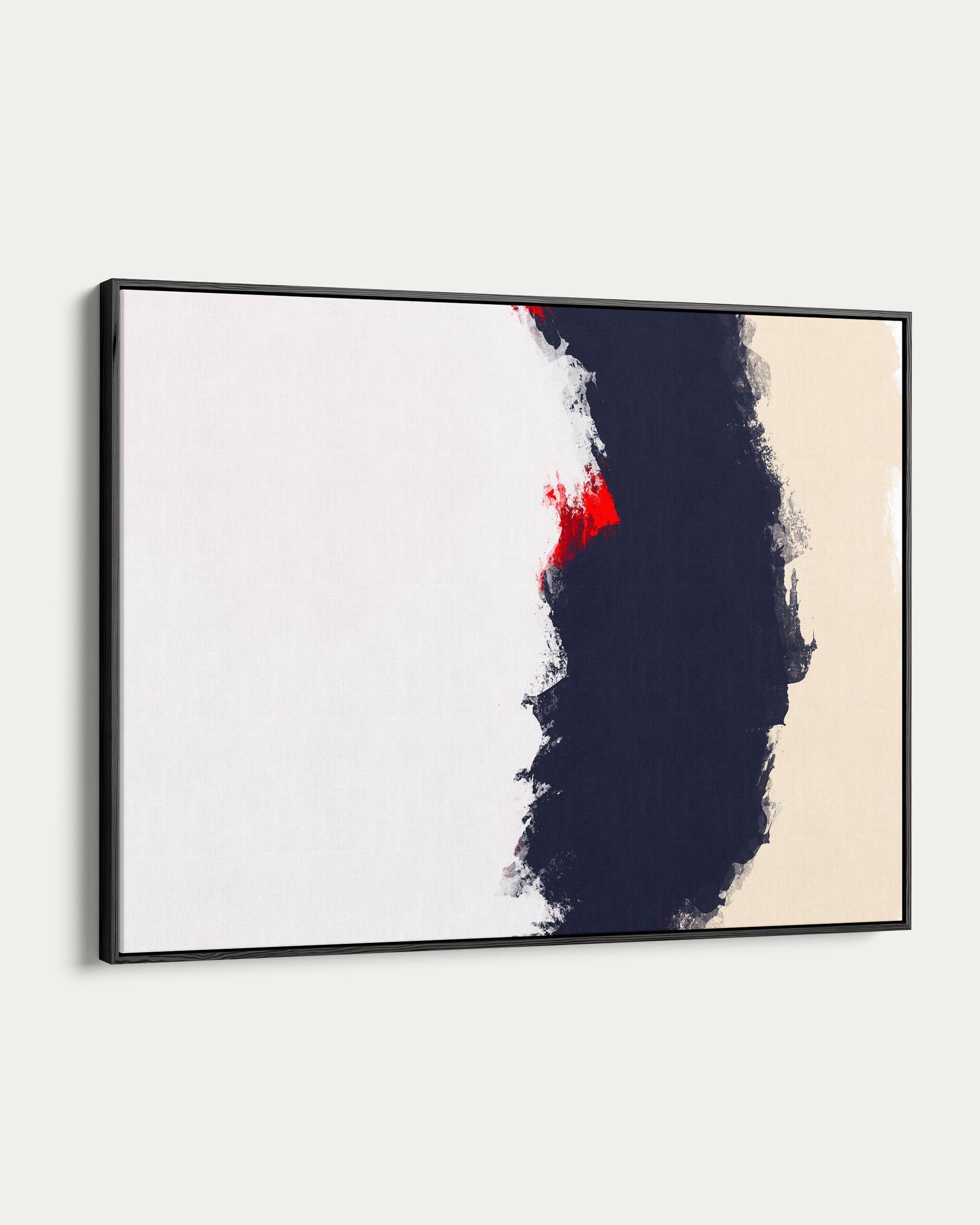 Abstract art piece with black, red, and beige colors on a white background