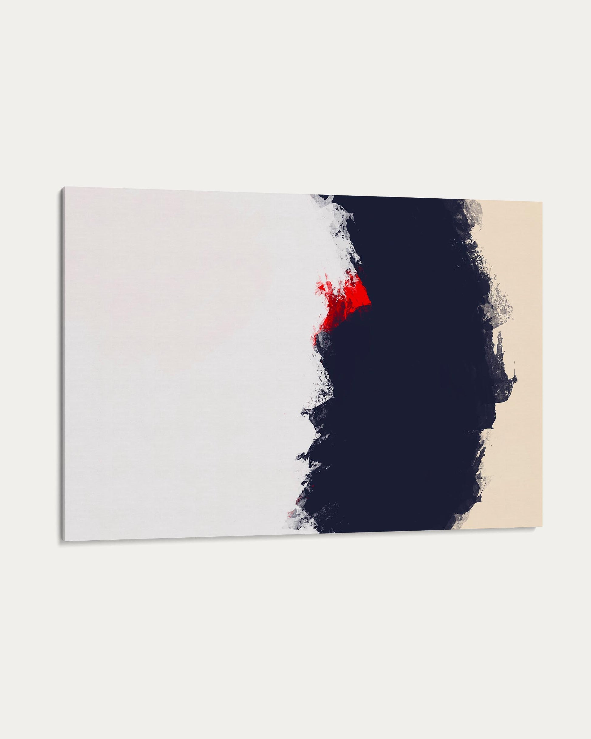 Abstract art piece with black, red, and beige colors on a white background