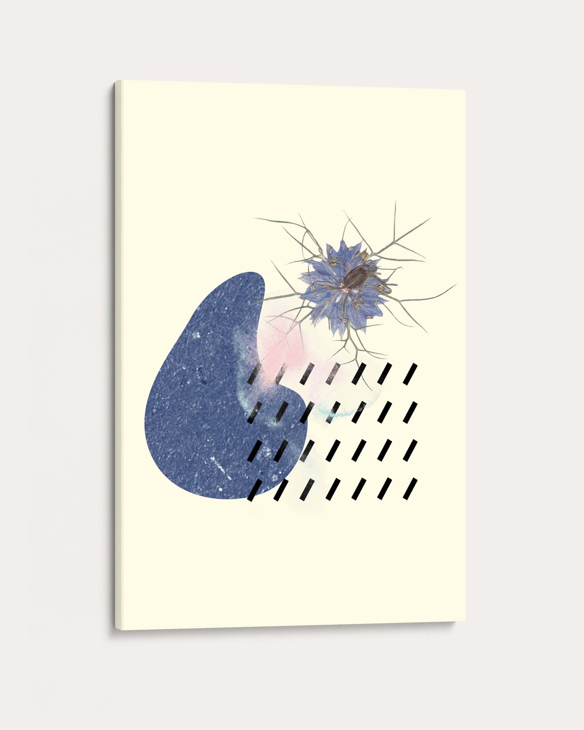 Abstract art print with geometric shapes and a flower on a light background