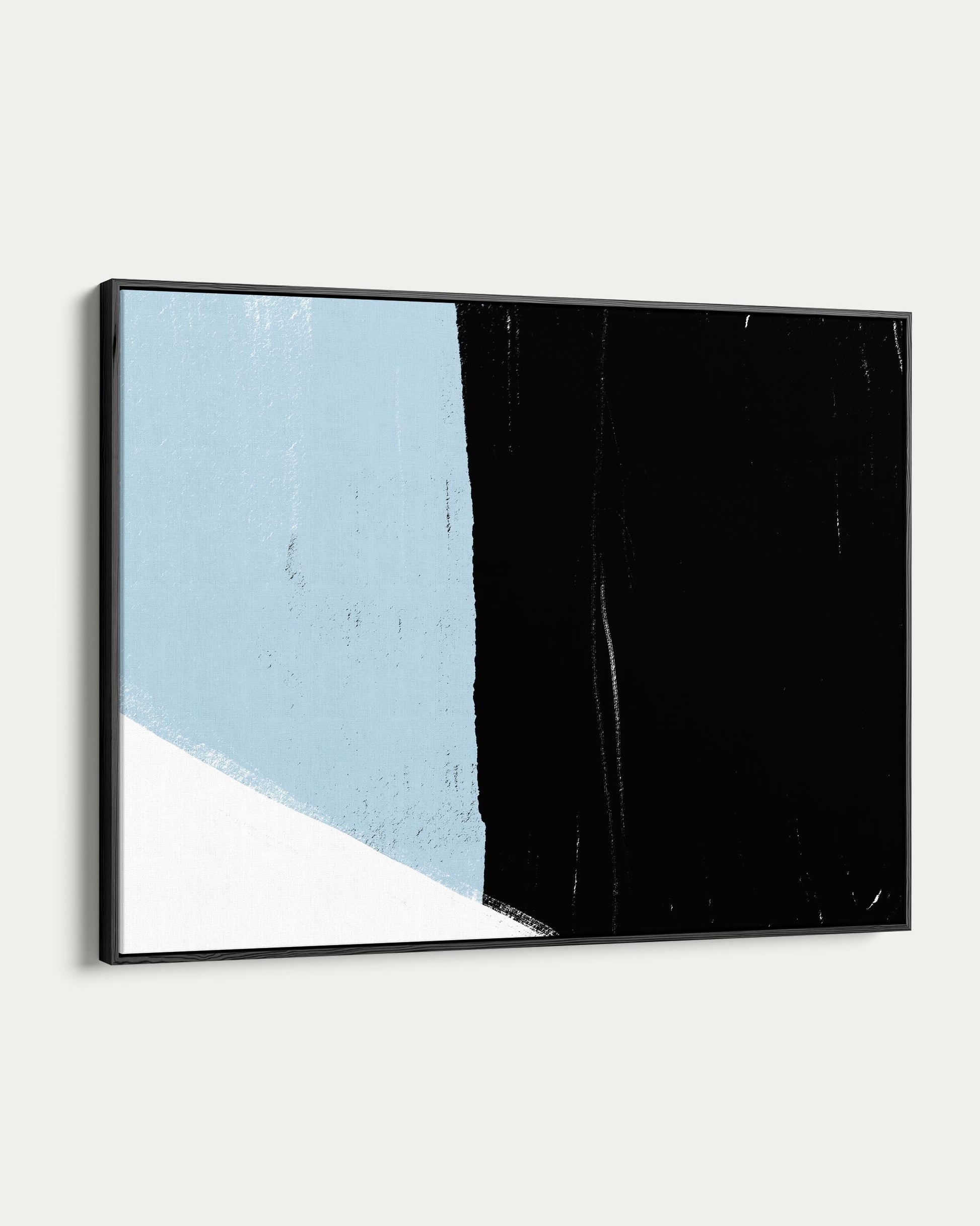Abstract art print with black, blue, and white abstract shapes on a light gray background