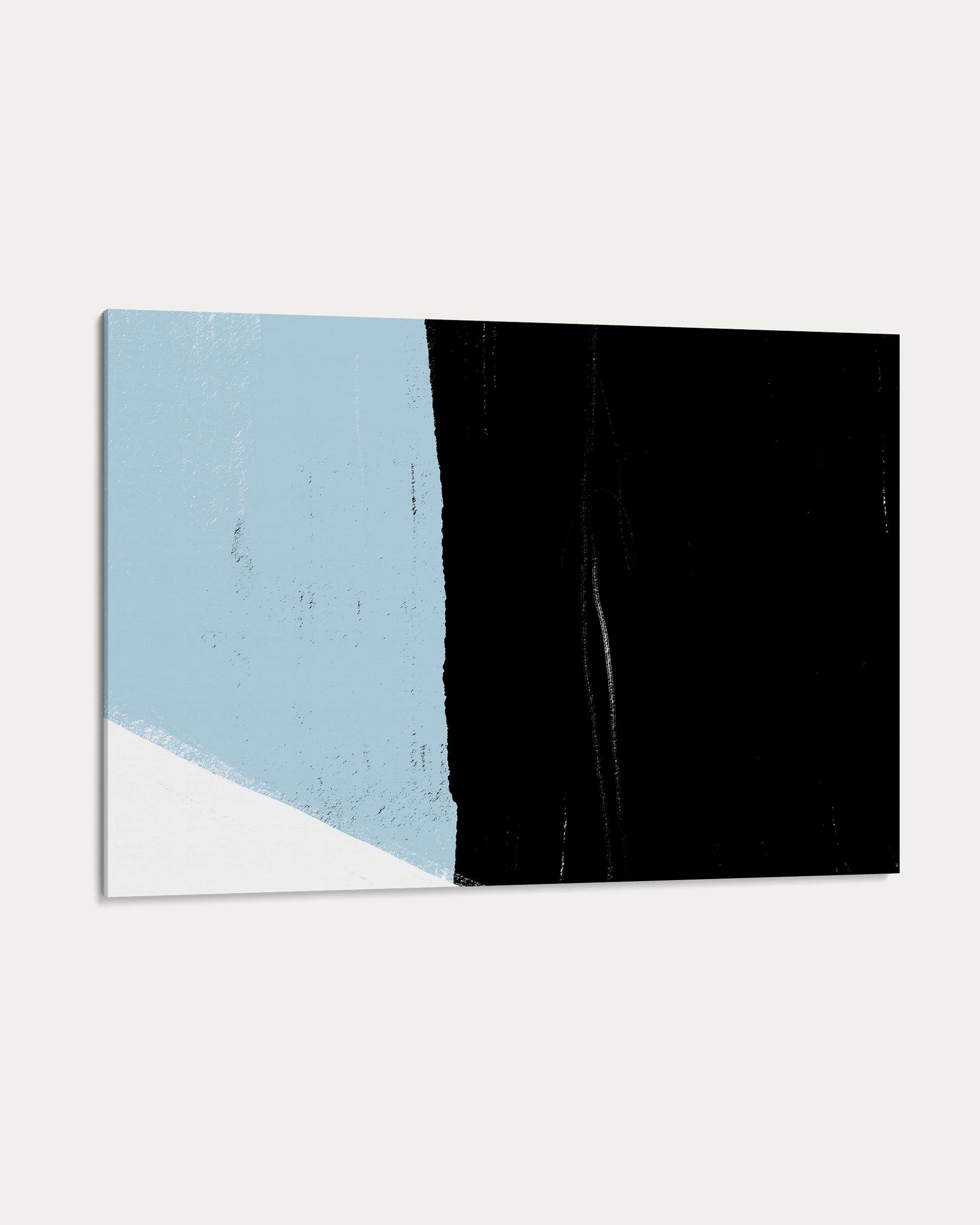 Abstract art print with blue and black shapes on a white background