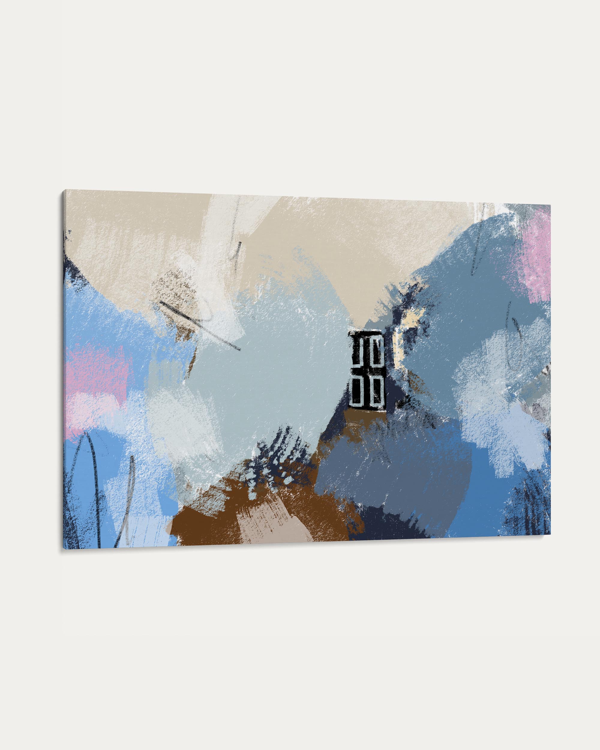 Abstract art print with blue, pink, and beige colors on a white background