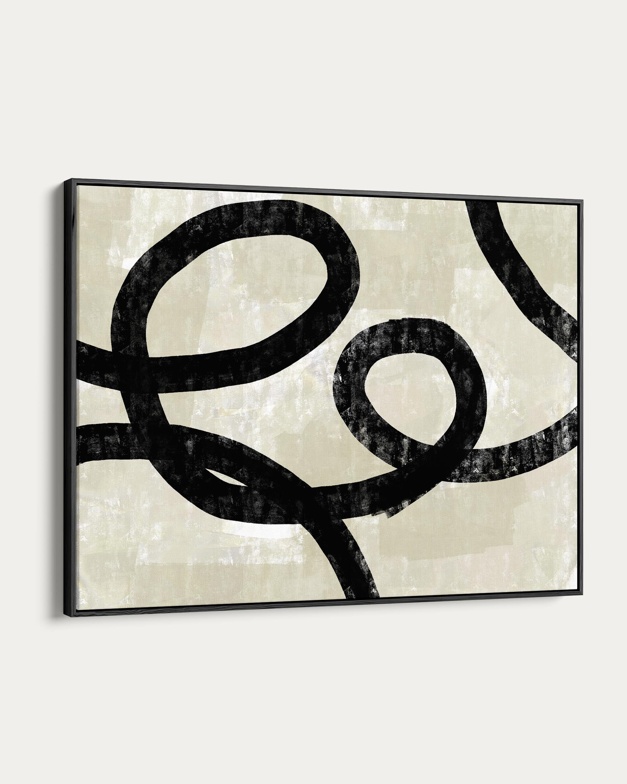 Abstract art piece with black swirling design on a beige background