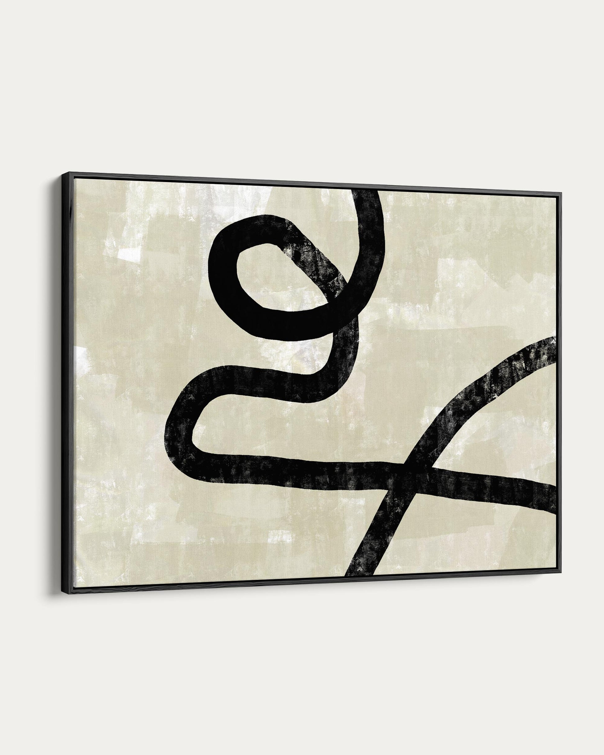 Abstract art piece with a black curved line on a textured beige background