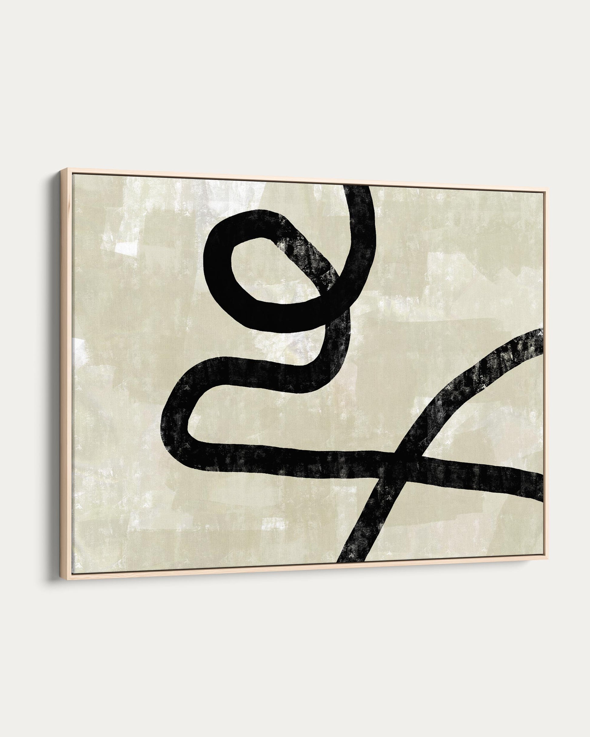 Abstract art piece with a black curved line on a textured beige background
