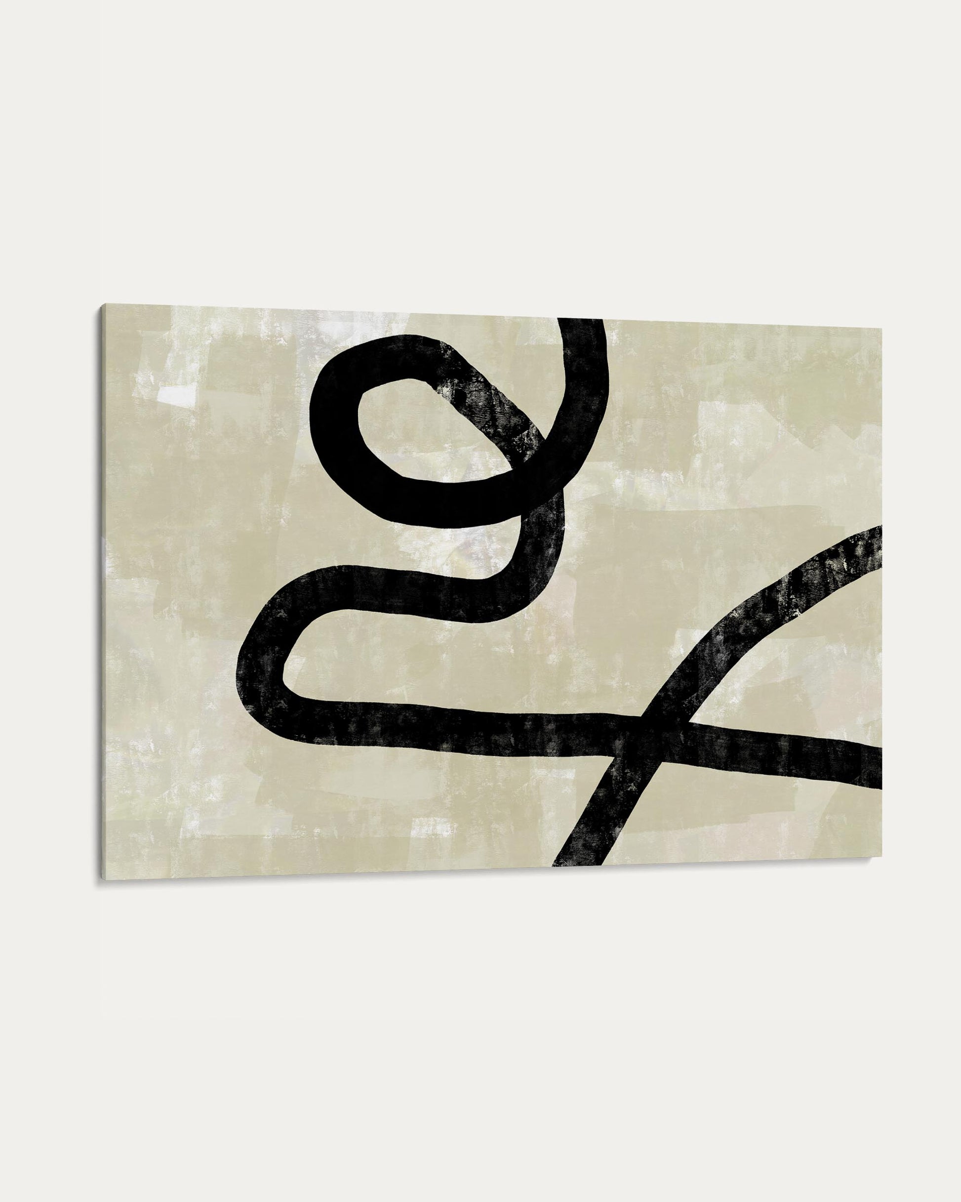 Abstract art piece with a black curved line on a textured beige background