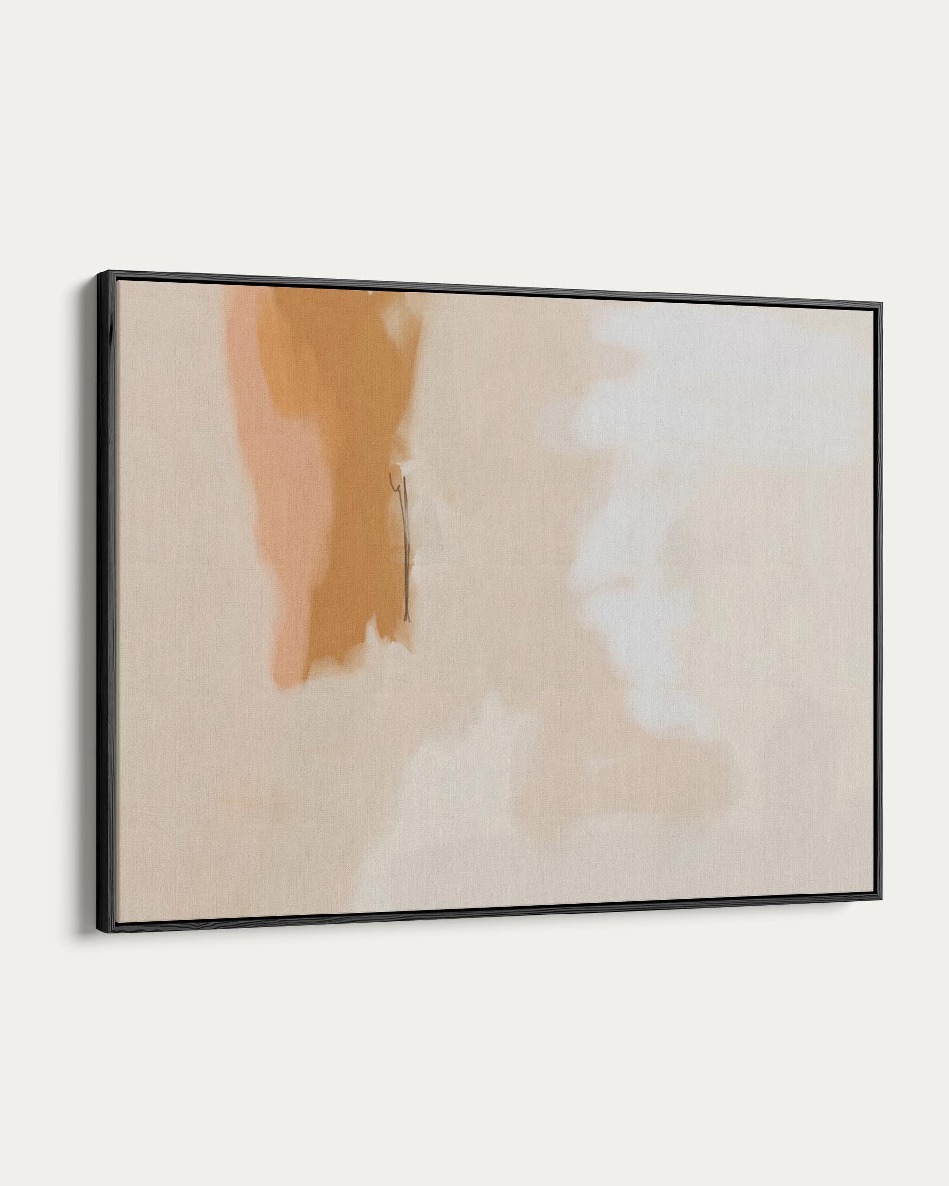 Framed abstract art with soft beige and brown tones on a white wall