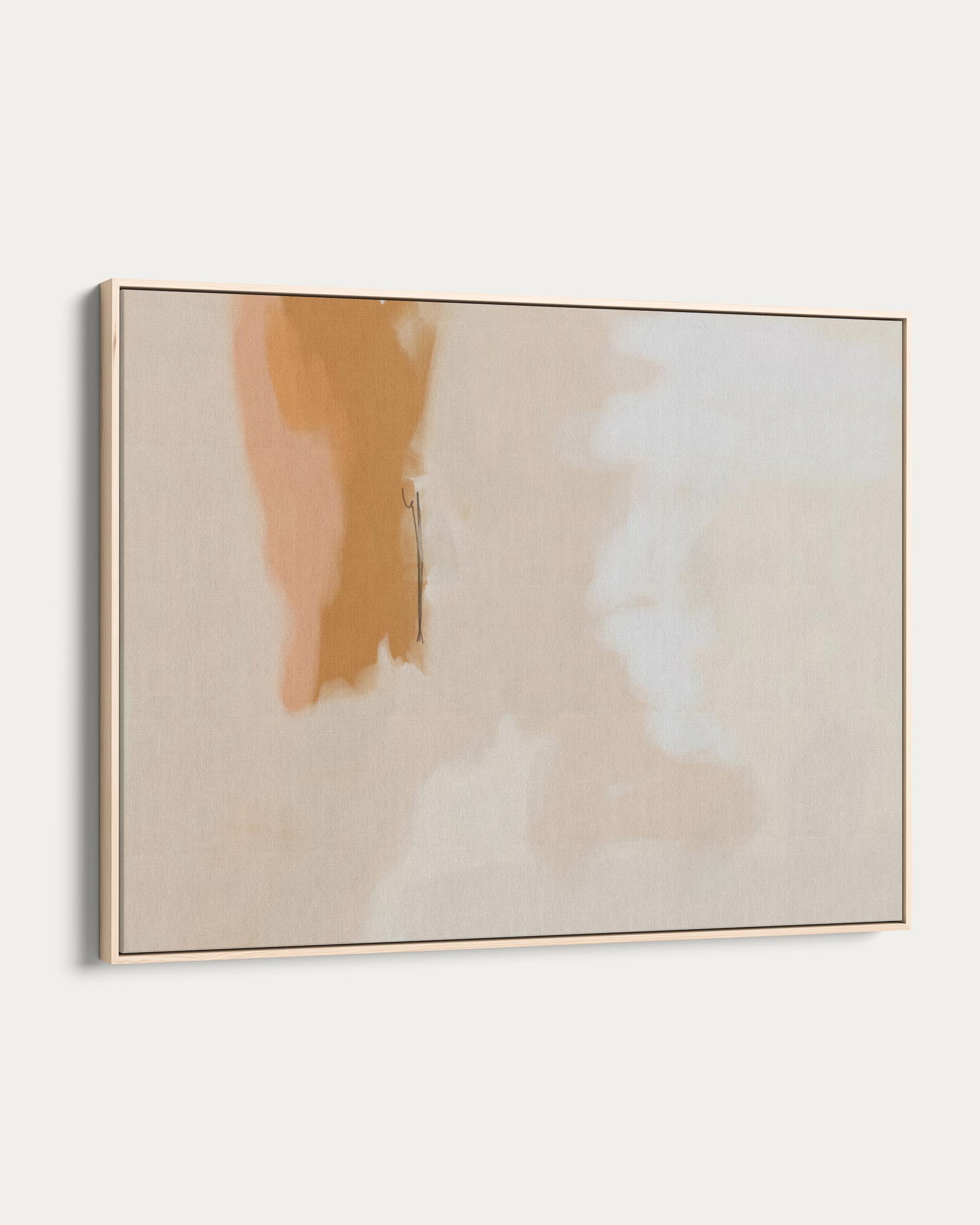Abstract painting with soft beige and brown tones on a white wall