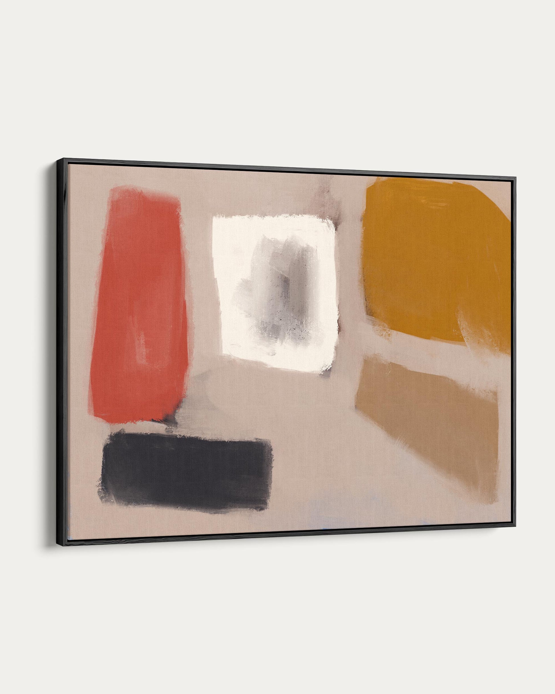 Abstract art piece with colorful shapes on a beige background