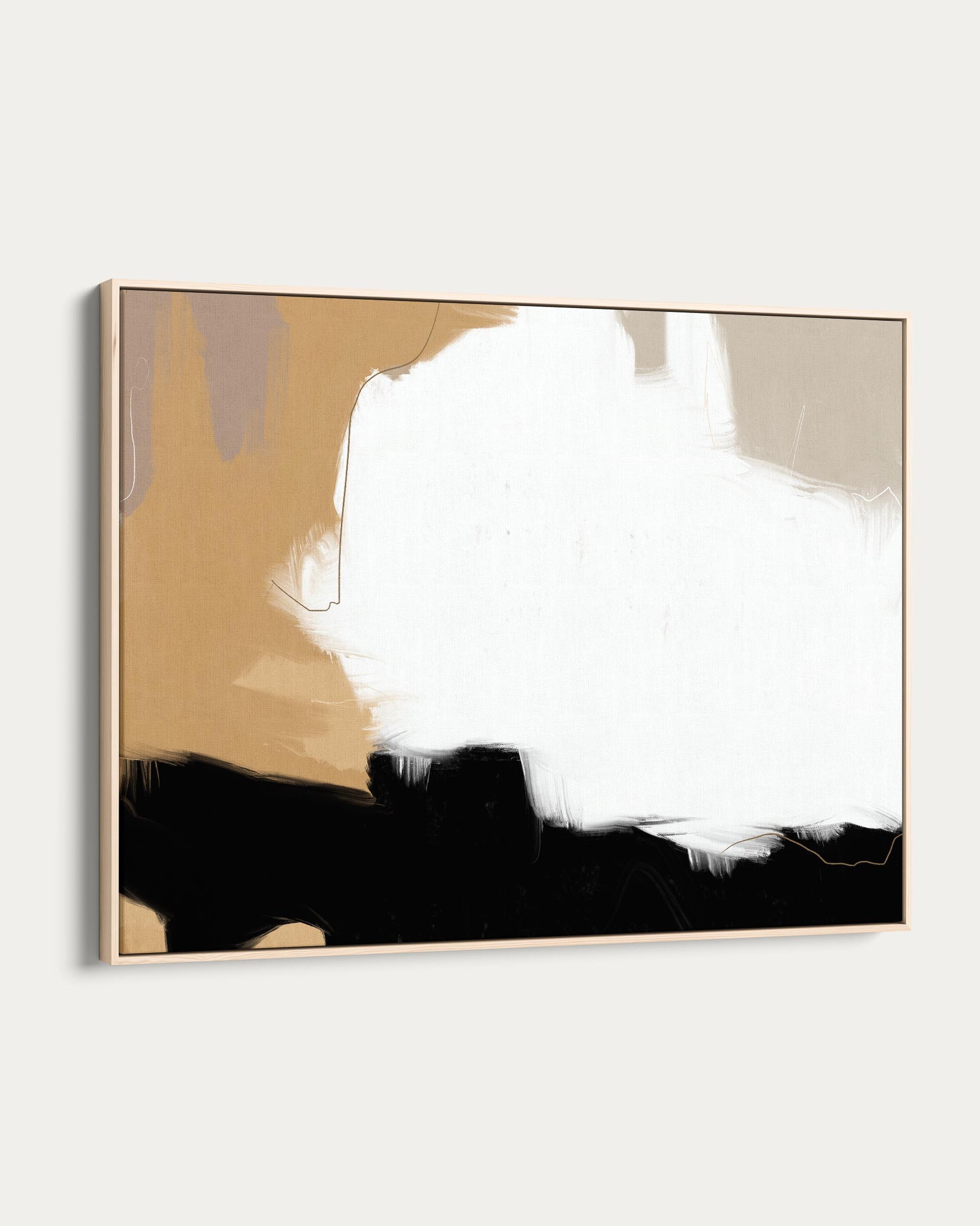 Abstract art piece with beige, white, and black colors on a white background