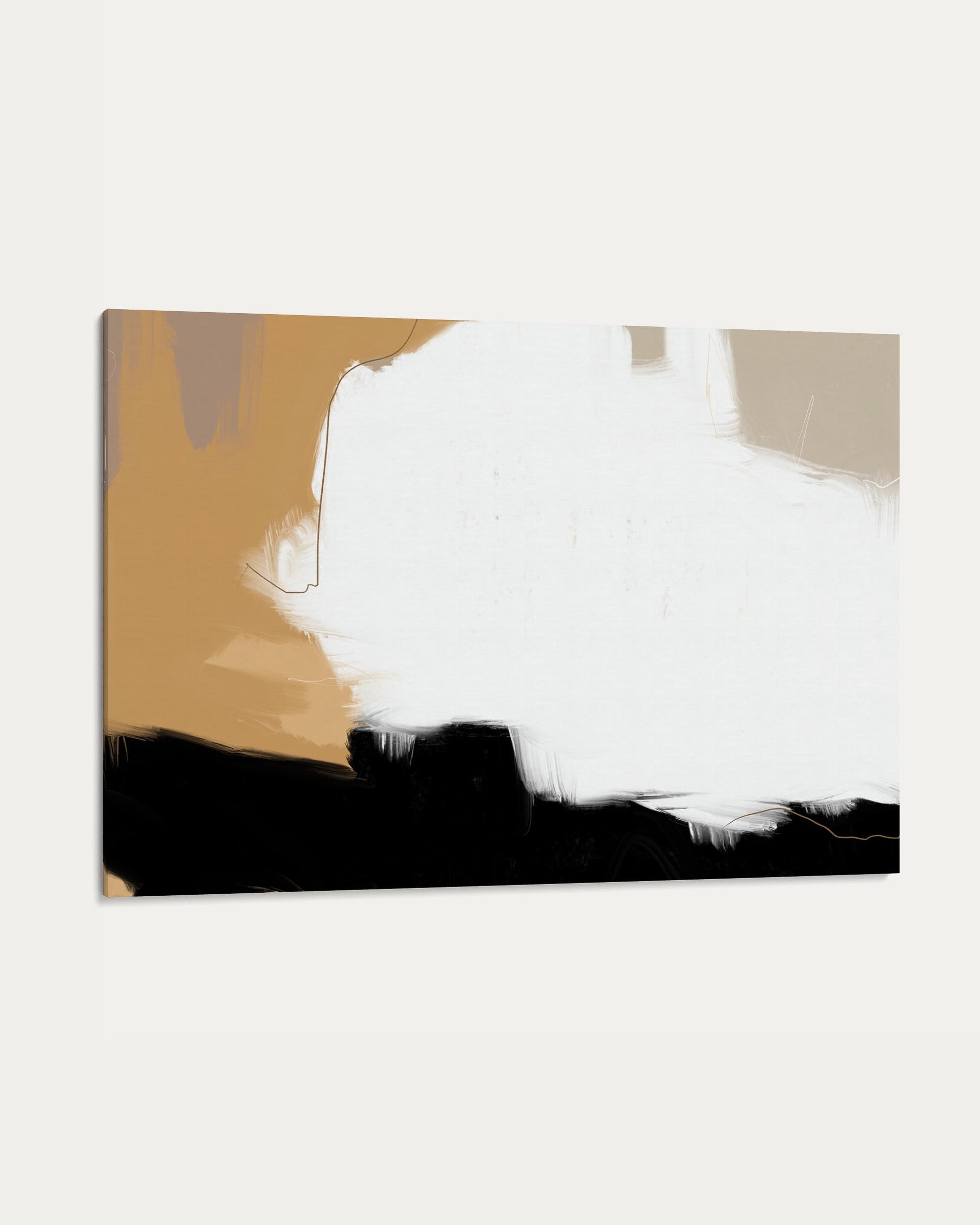Abstract art piece with white, black, and brown brush strokes on a beige background