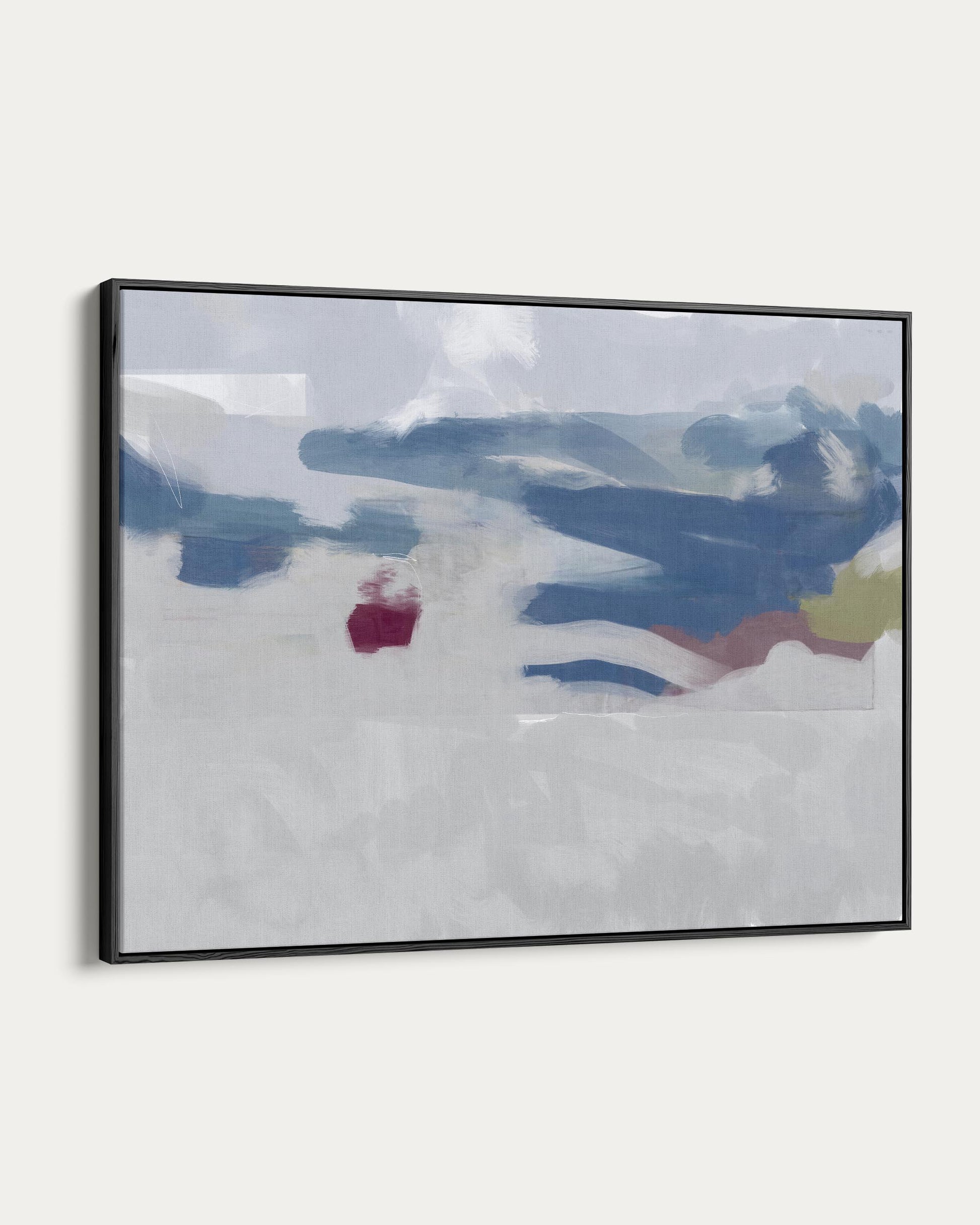 Framed abstract art with blue, white, and red colors on a white background